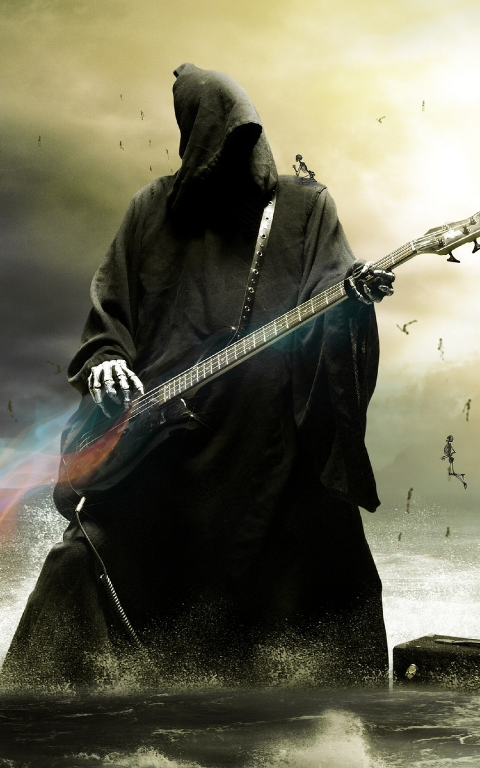Download 1600x2560 Grim Reaper, Playing Guitar, Water, Skulls, Lightning Wallpaper for Google Nexus 10