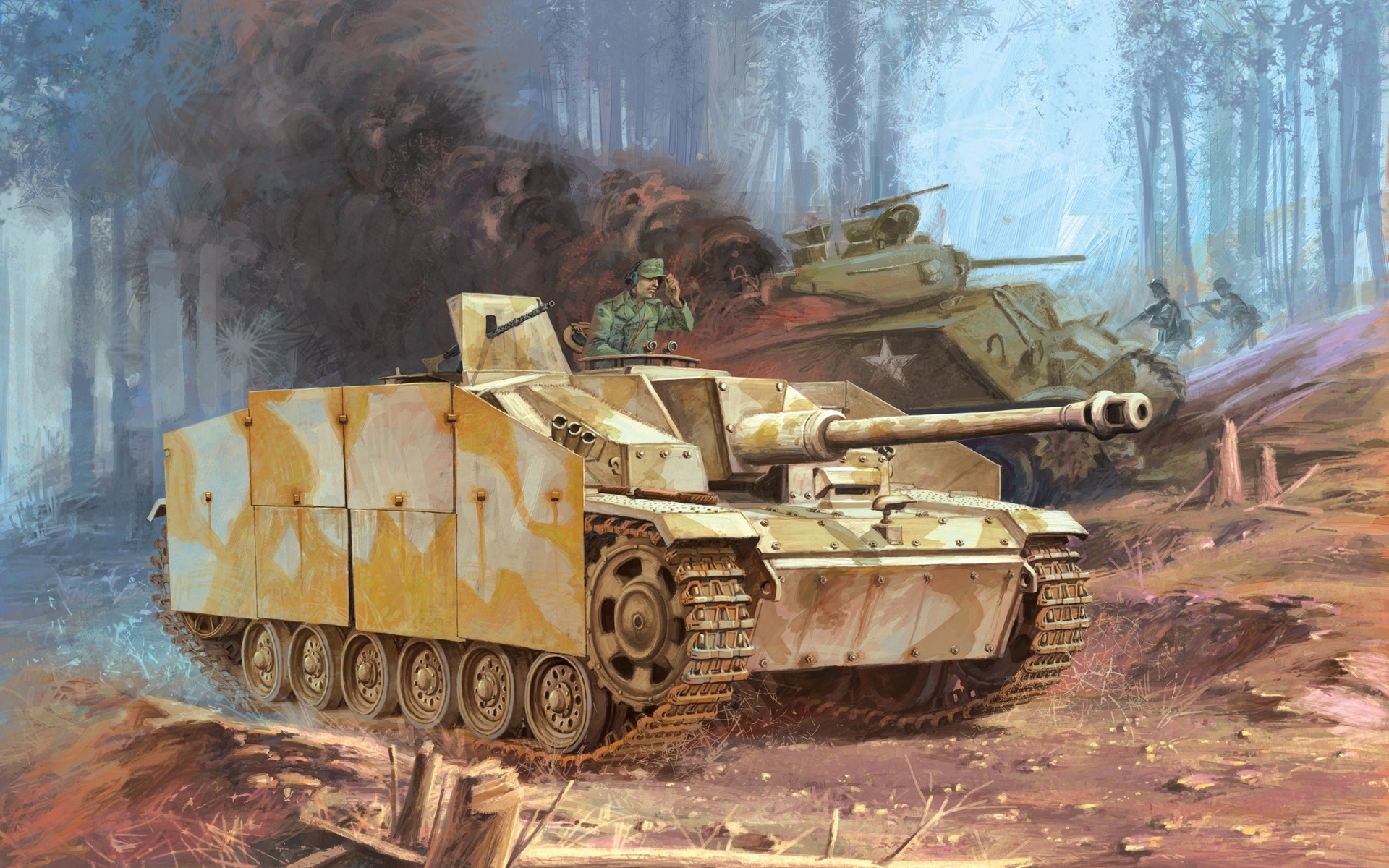 German Stug III Passes a knocked out M4 Sherman