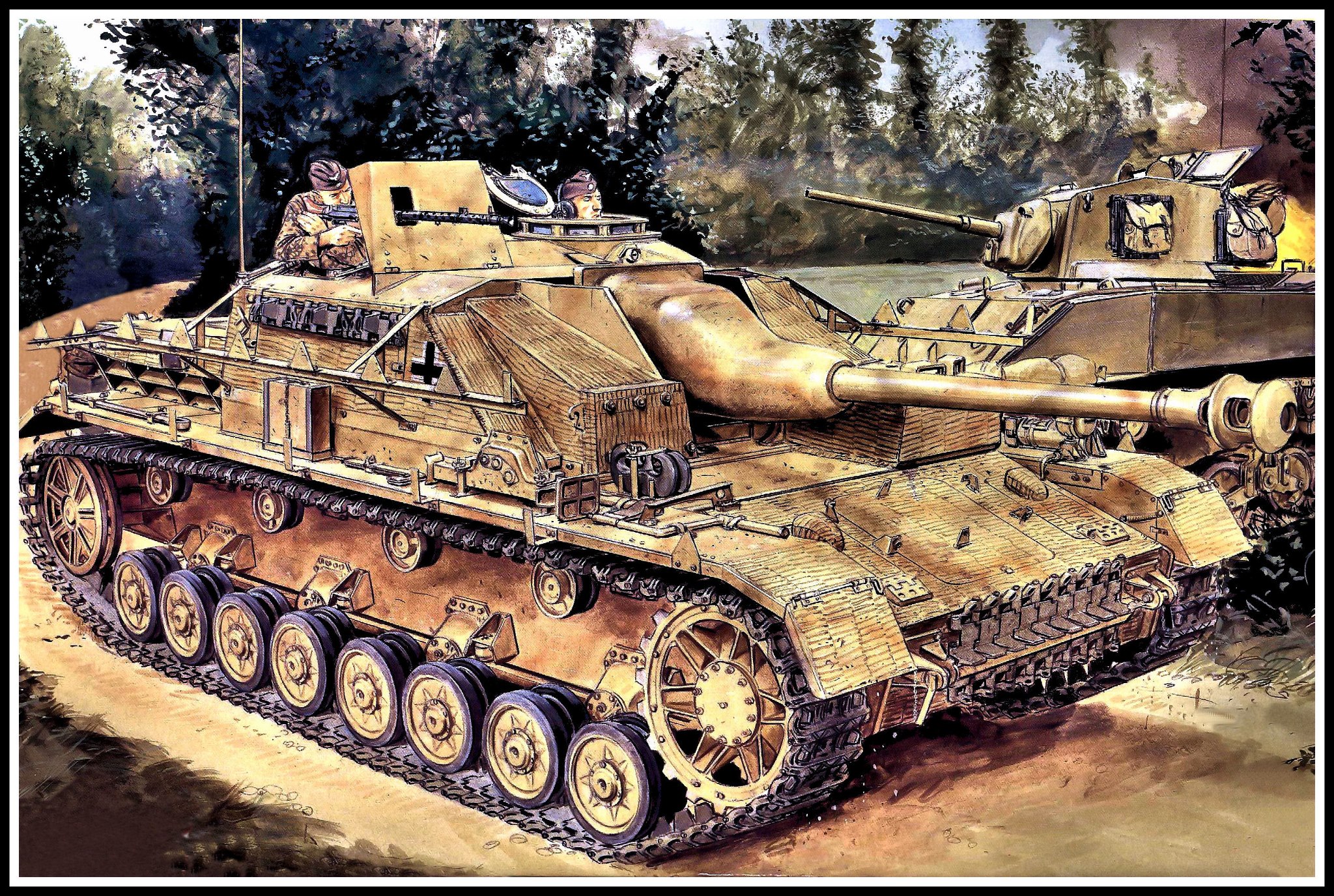 A German Stug III with a Long 75mm passes a Knocked out M5A1 Stuart