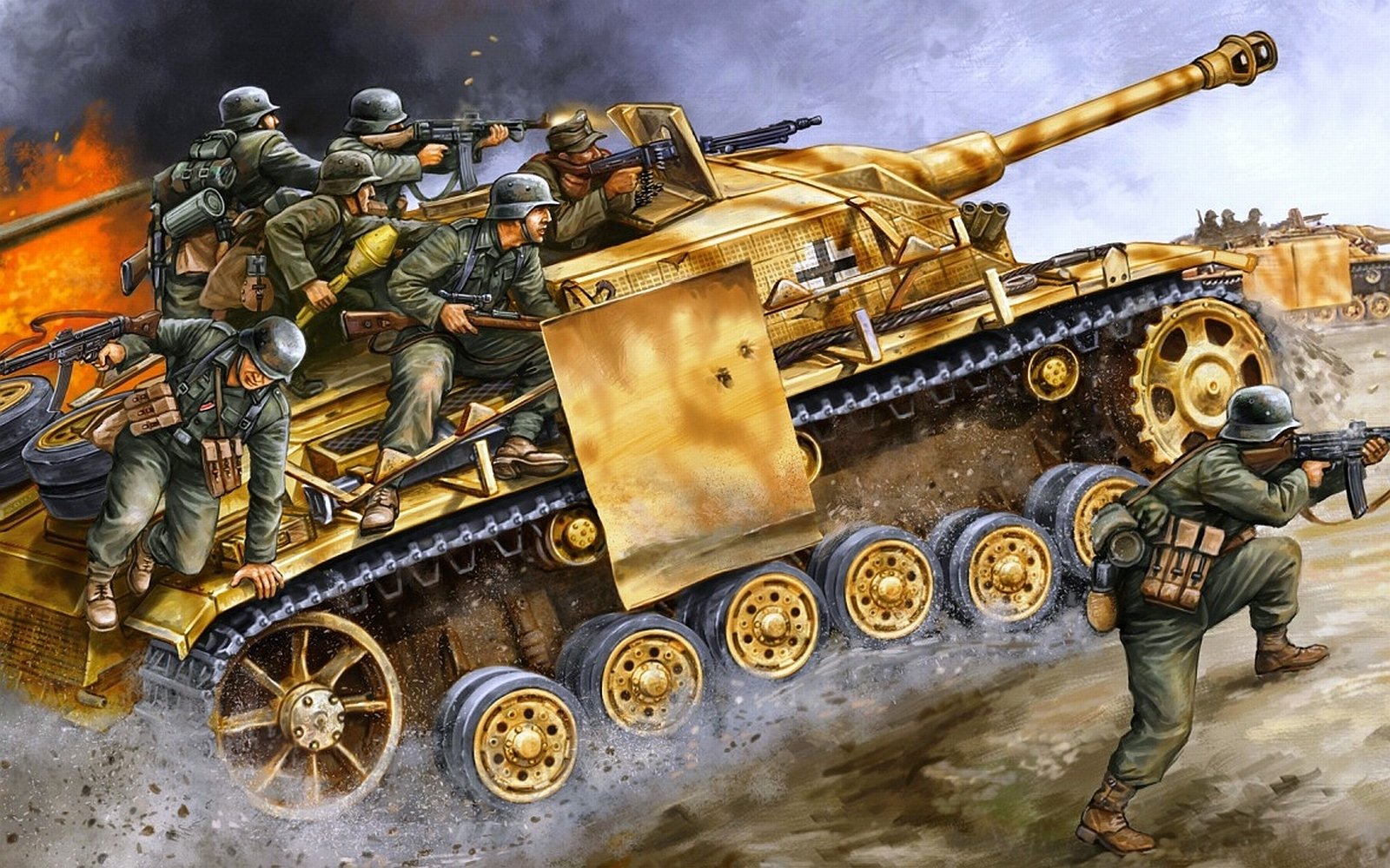 A pair of German Stugs III with long 75mm Guns supported