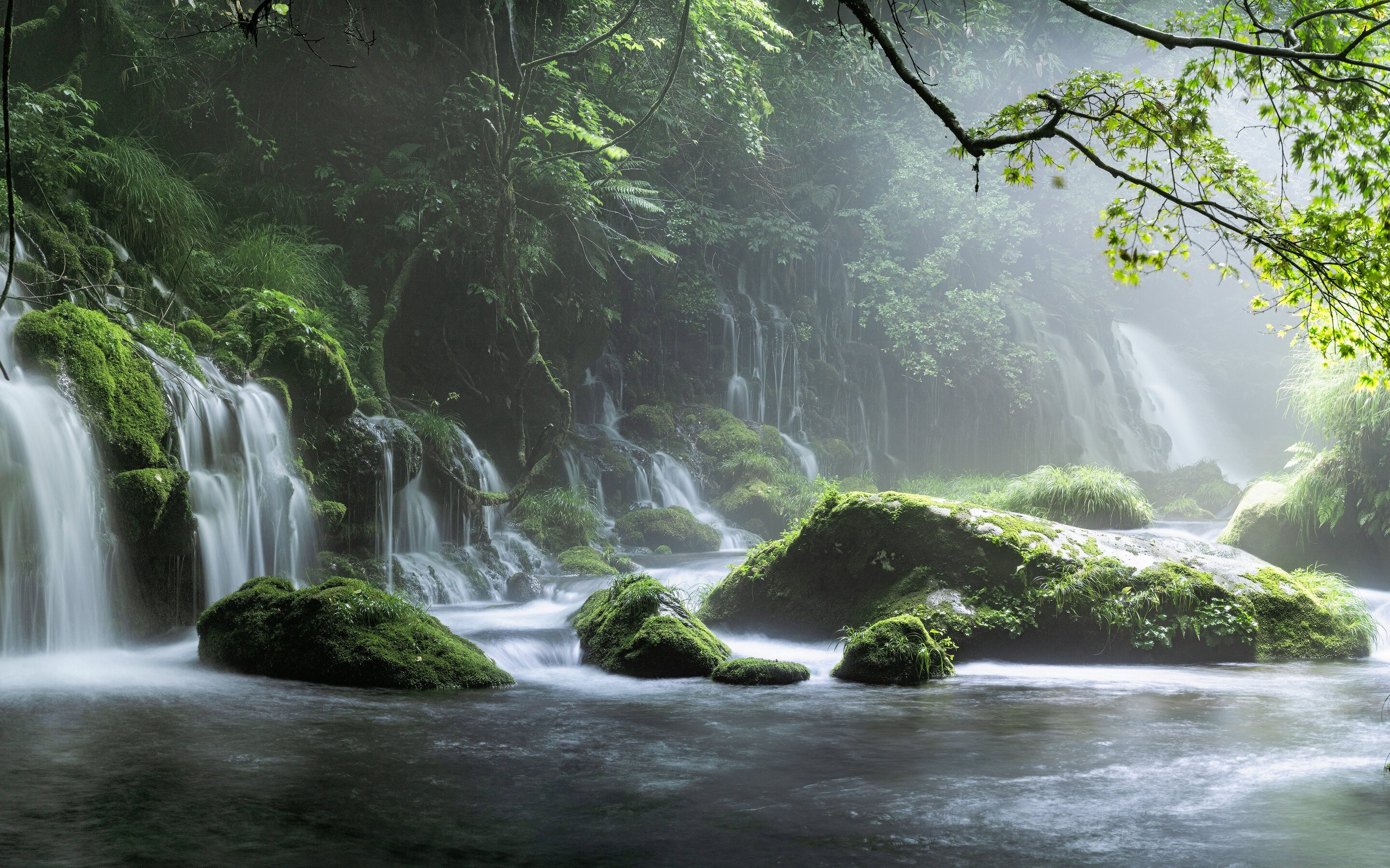 Spring Waterfall Stone Fog Mist Green Forest 8k Macbook Pro Retina HD 4k Wallpaper, Image, Background, Photo and Picture