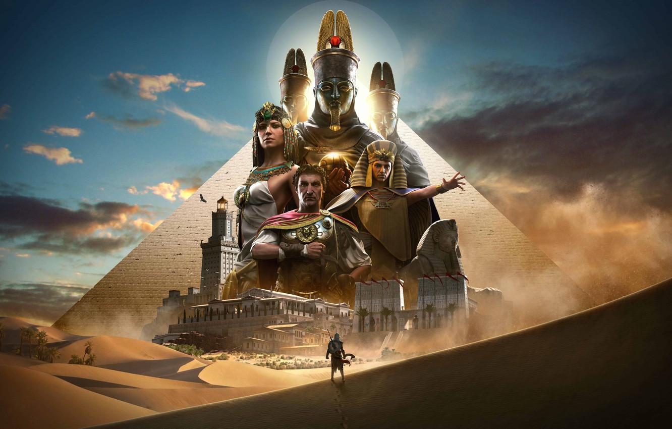 Wallpaper Sphinx, Pyramid, Egypt, Assassin's Creed, Caesar, Cleopatra, Assassin's Creed Origins, Bayek, Biek, Medjai Biek, The Lighthouse Of Alexandria, Biek from Siwa, Ptolemy image for desktop, section игры