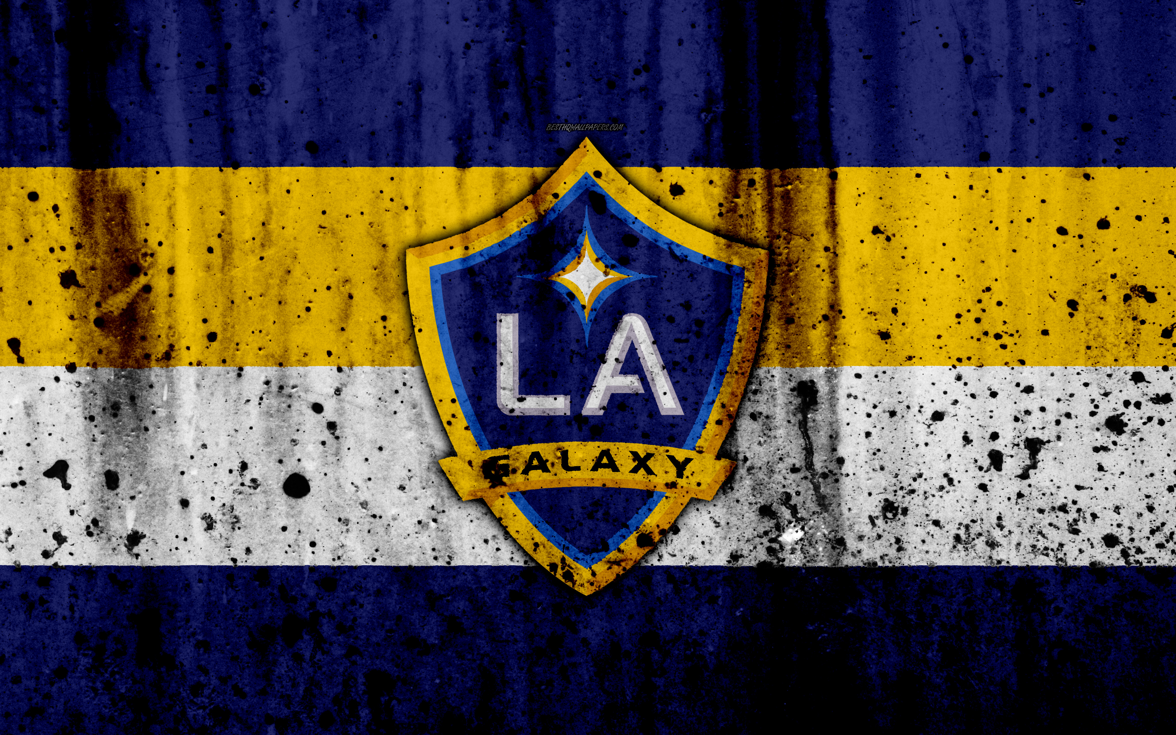 Download wallpaper 4k, FC Los Angeles Galaxy, grunge, MLS, soccer, Western Conference, football club, USA, Los Angeles Galaxy, logo, LA Galaxy, stone texture, Los Angeles Galaxy FC for desktop with resolution 3840x2400