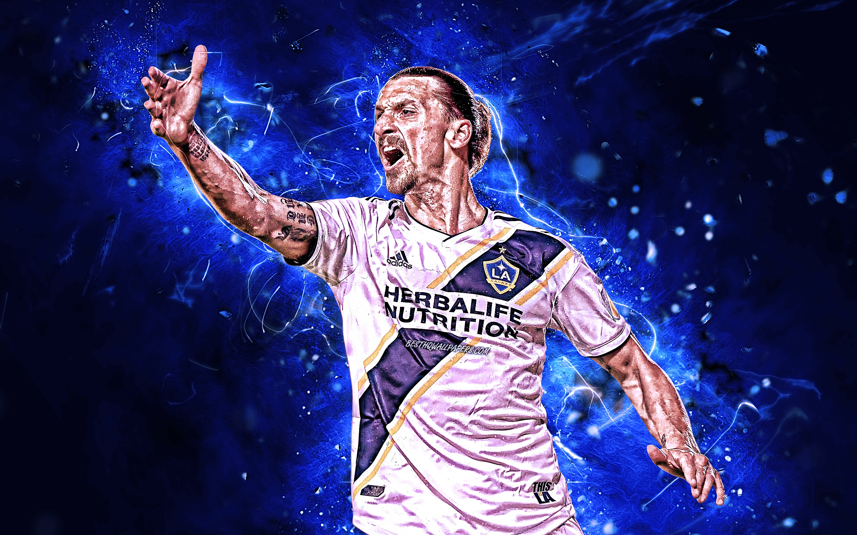 Download Wallpaper Zlatan Ibrahimovic, MLS, Close Up, Los Angeles Galaxy FC, Swedish Footballers, Football Stars, Ibrahimovic, Soccer, LA Galaxy, Abstract Art, Neon Lights For Desktop With Resolution 2880x1800. High Quality HD Picture Wallpaper
