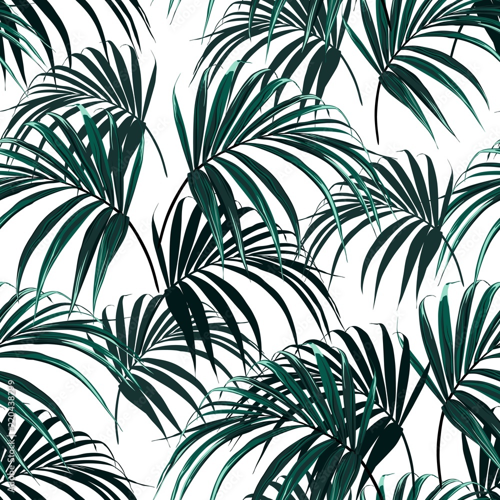 Beautiful seamless floral summer background with tropical palm leaves. Perfect for wallpaper, web page background, surface textures, textile. White background. Stock Illustration