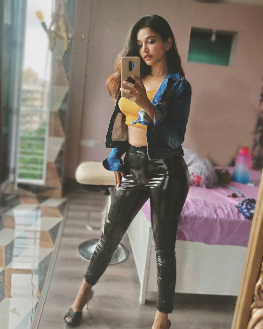 Anaika Soti Photo in Leather Pant and Purple Top