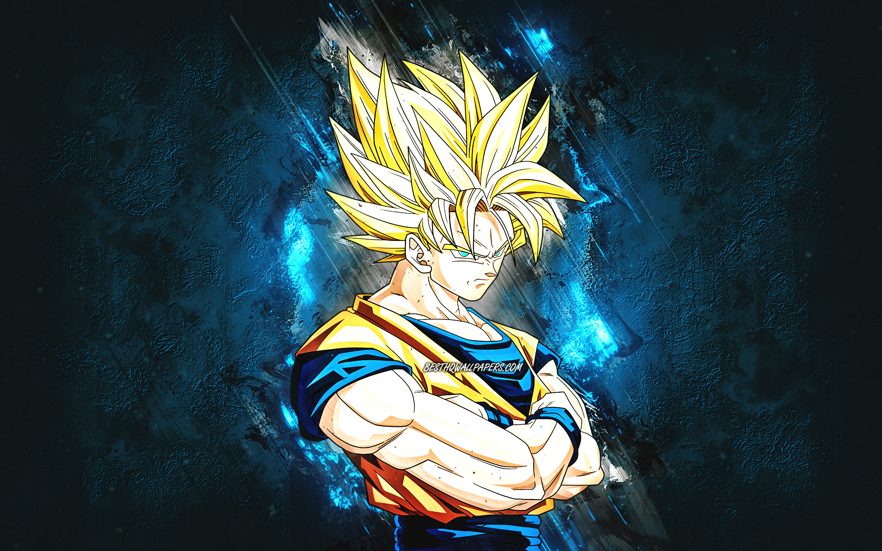 Download wallpaper Golden Goku, blue stone background, Vegito, Goku SSJ Goku Super Saiyan Dragon Ball Super, grunge art, DBZ, Japanese manga for desktop with resolution 2880x1800. High Quality HD picture wallpaper