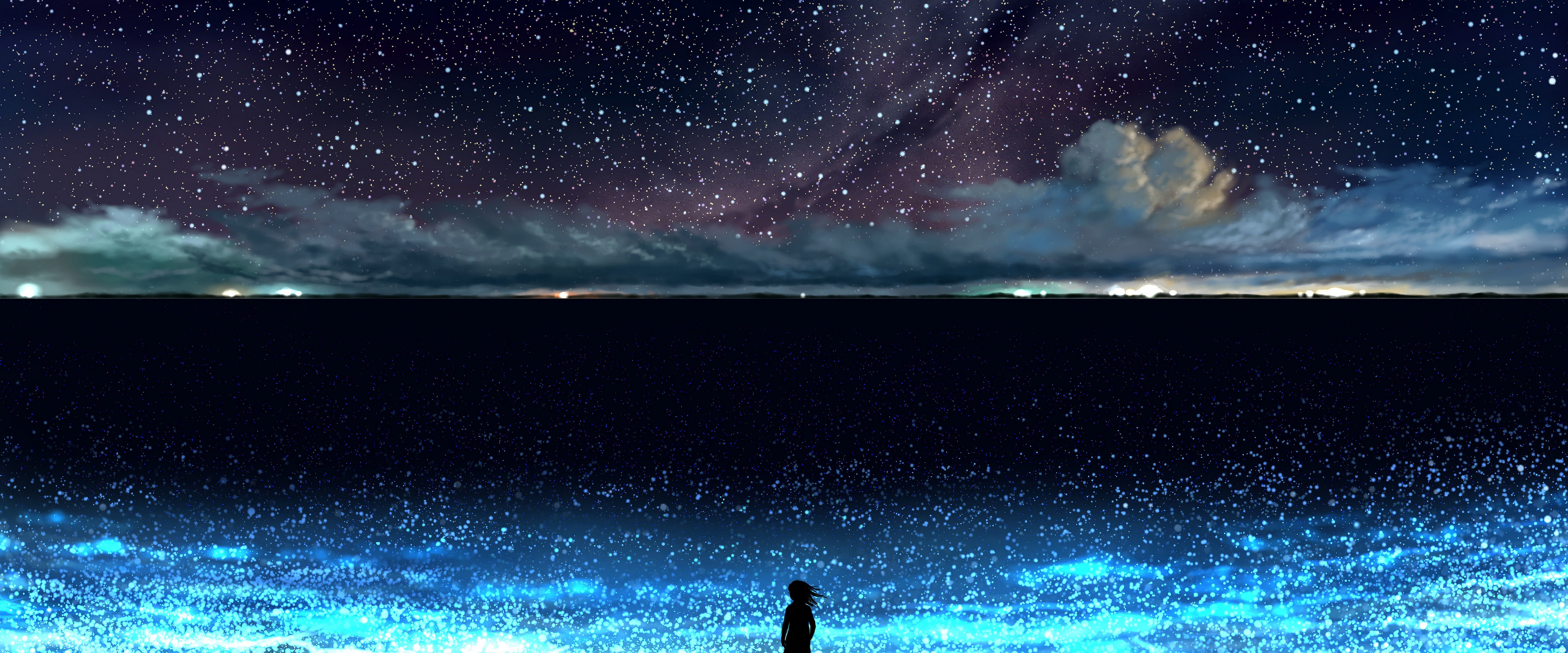 Anime Night Sky Stars Beach Scenery 4K Wallpaper