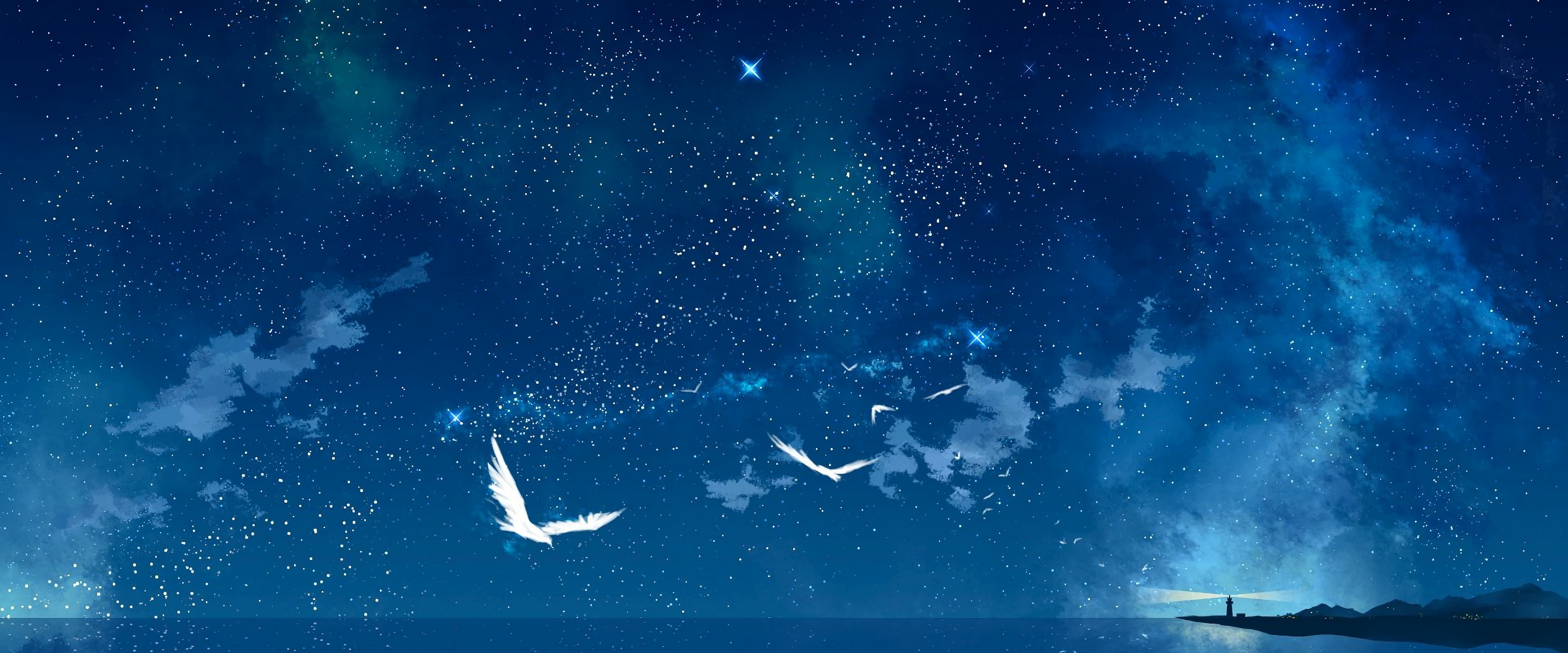 Night Sky Stars Ocean Horizon Scenery Lighthouse Anime 4K Wallpaper