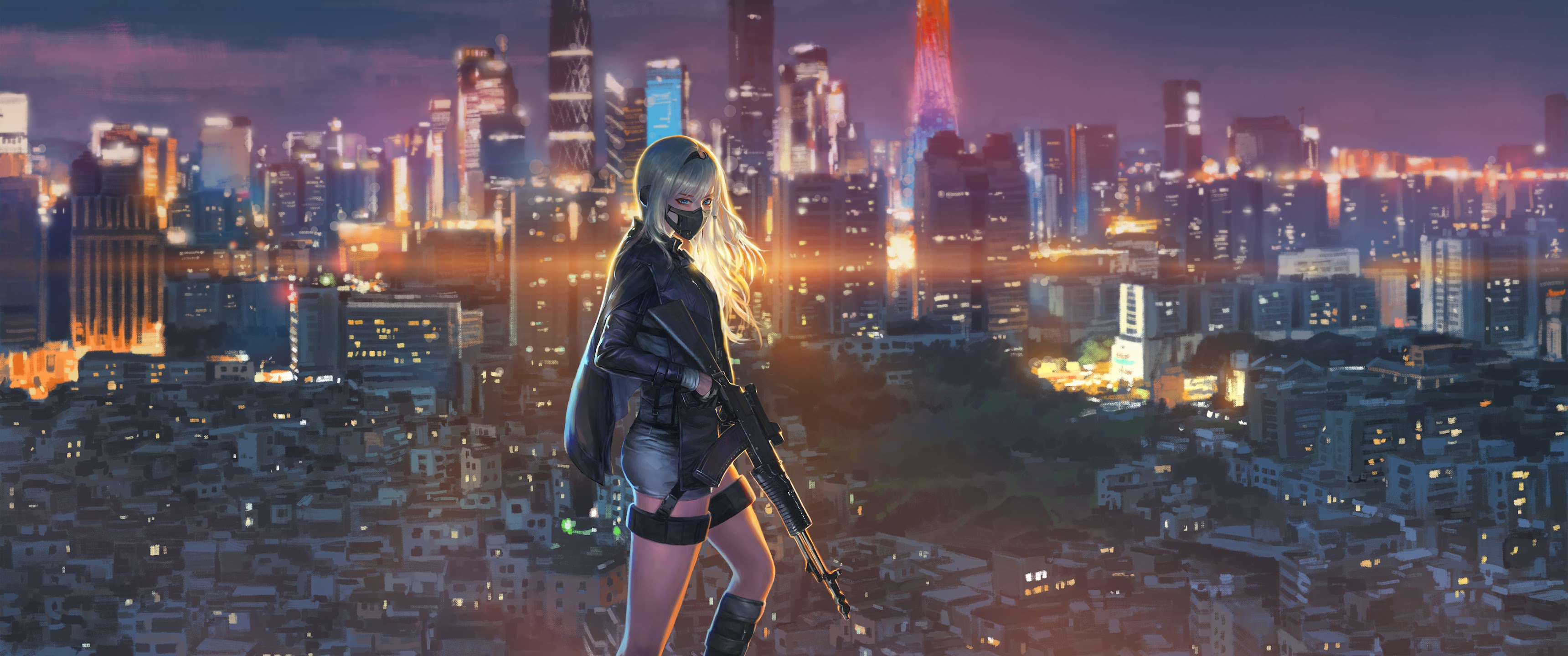Anime Girl Rifle City Night 4K Wallpaper