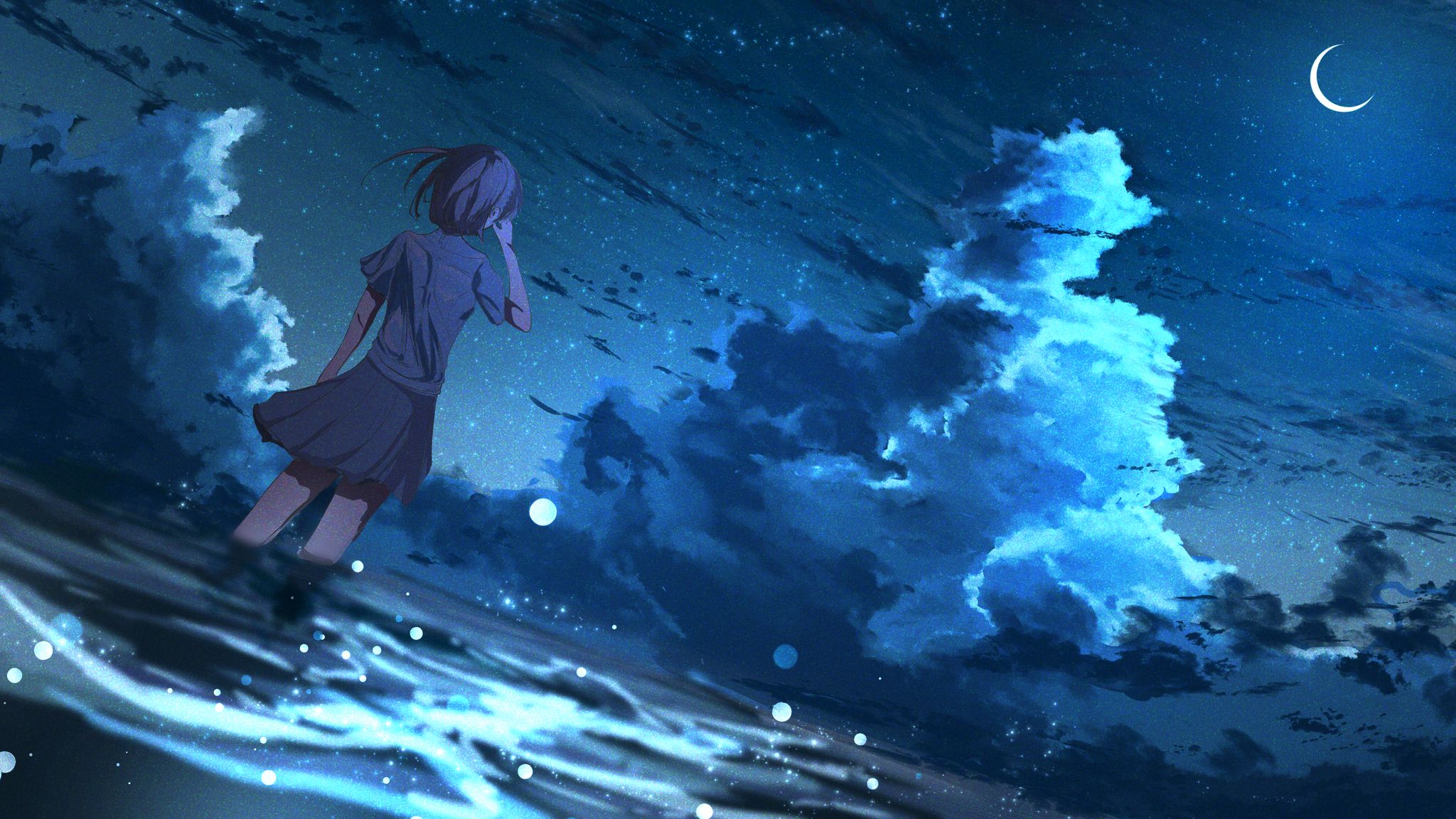 Download wallpaper 2048x1152 girl, anime, wind, night, stars, art ultrawide monitor HD background