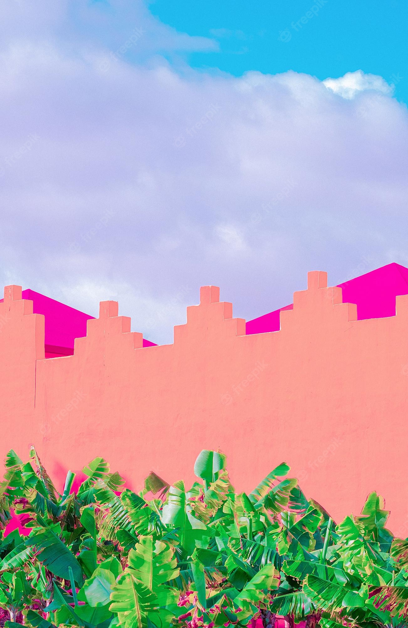 Premium Photo. Fashion tropical location. pink wall. palm. blue summer sky. canary islands. travel advertising banner wallpaper
