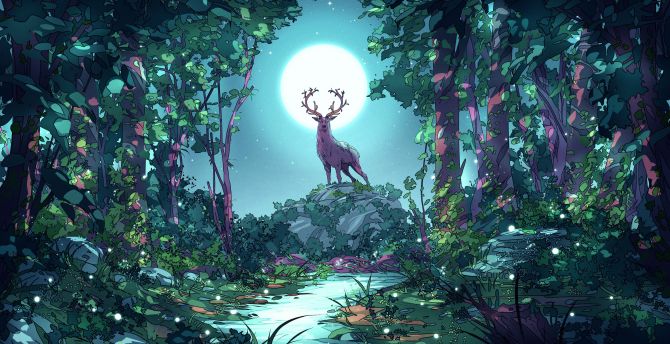 Deer at forest, moon night, art wallpaper, HD image, picture, background, 8ab0ea