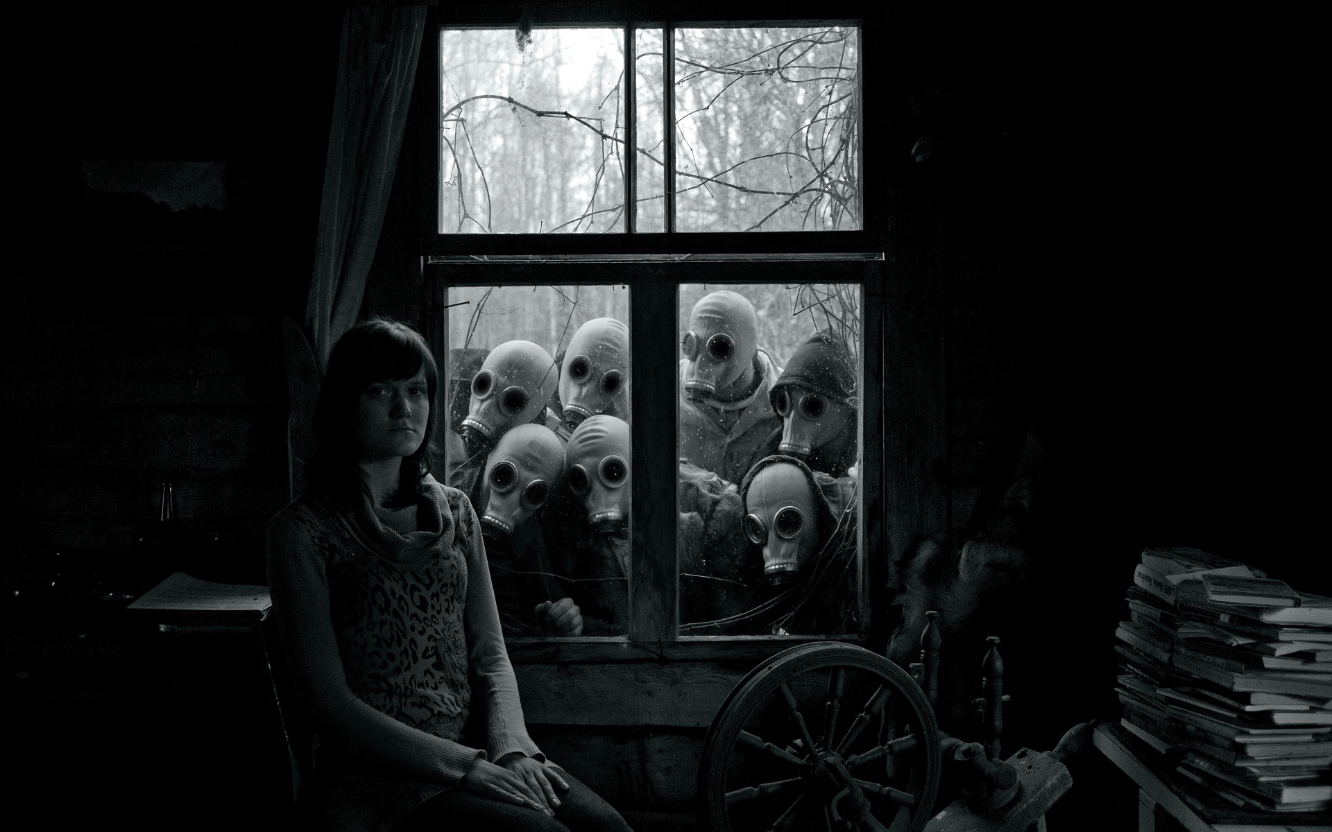 Dark apocalyptic apocal gas mask scary creepy spooky black white people window gothic mood emotion room alone sad sorrow glasses goggles horror trees light shadow books women females girls situation wallpaper