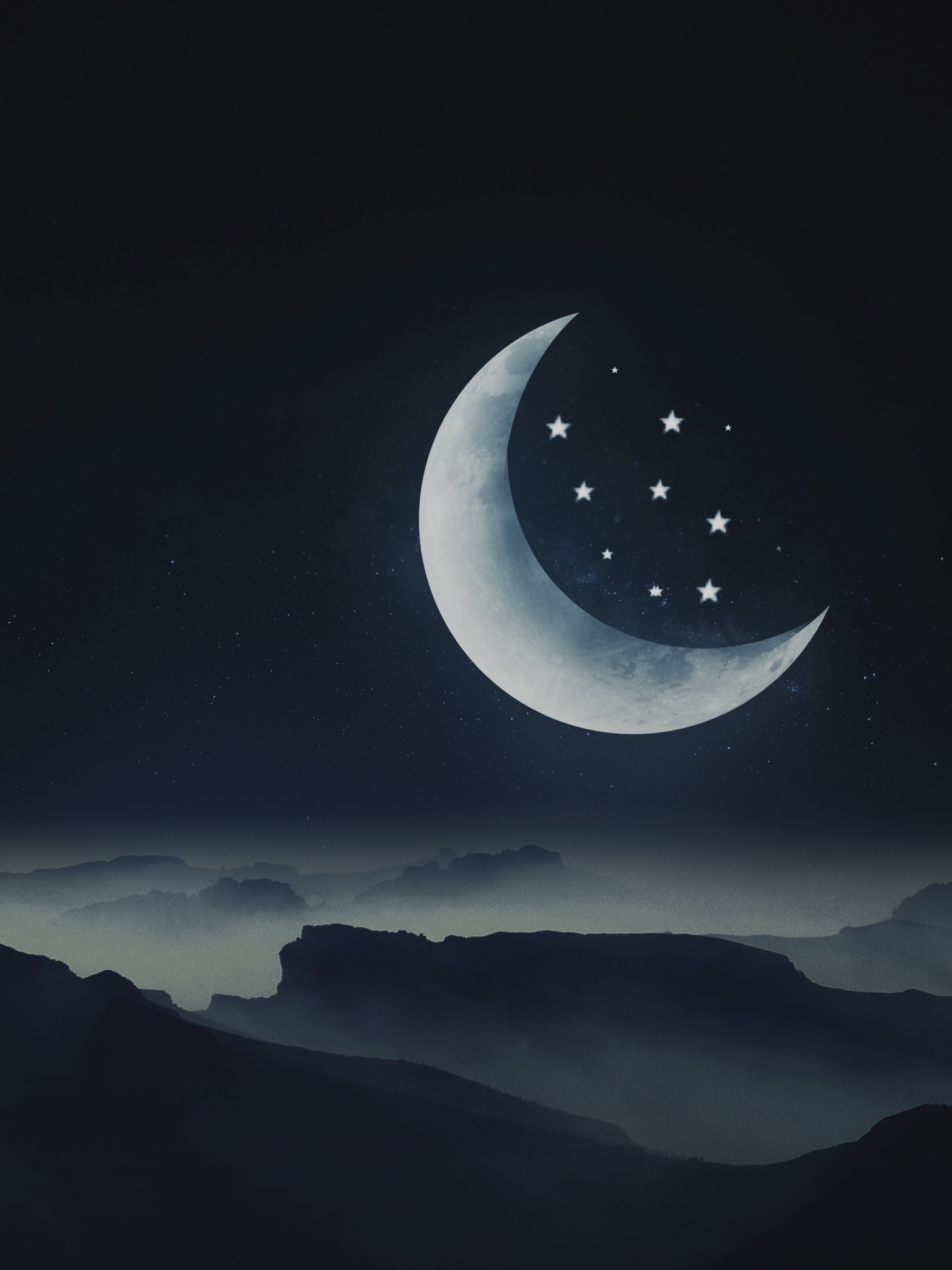 Half moon Wallpaper 4K, Stars, Mountains, Night, Cold, Aesthetic, Nature