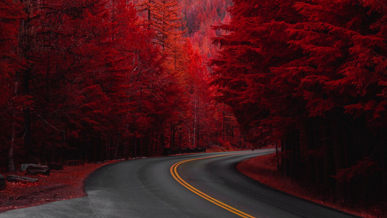 Download wallpaper 1280x720 road, turn, trees, red, mountain, landscape hd, hdv, 720p HD background