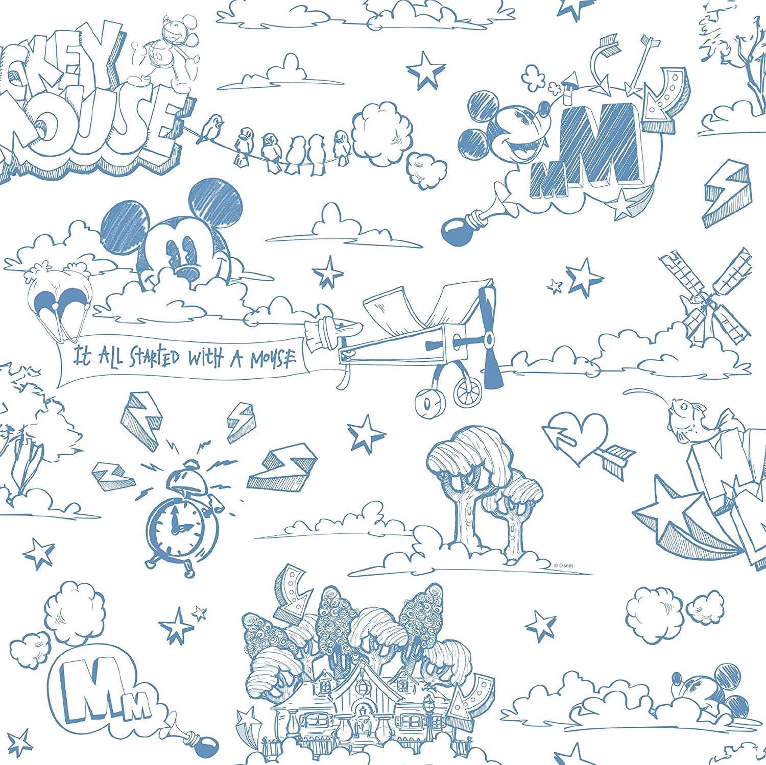 Galerie Official Disney Mickey Mouse Pattern Pencil Cartoon Childrens Wallpaper (Blue White MK3014 2), Amazon.ca: Tools & Home Improvement