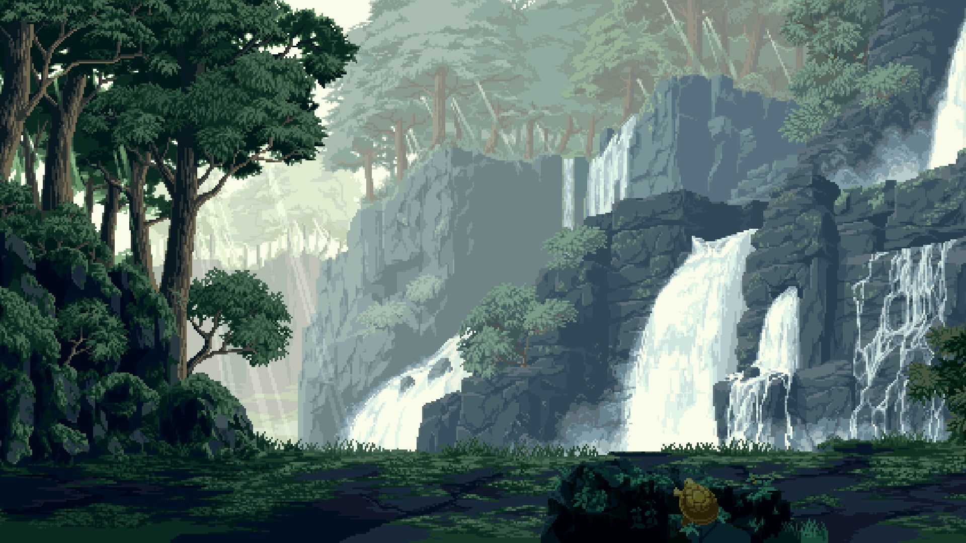 waterfalls digital wallpaper digital art pixel art #pixelated #pixels #nature #landscape #waterfall #trees. Pixel art landscape, Pixel art background, Pixel art