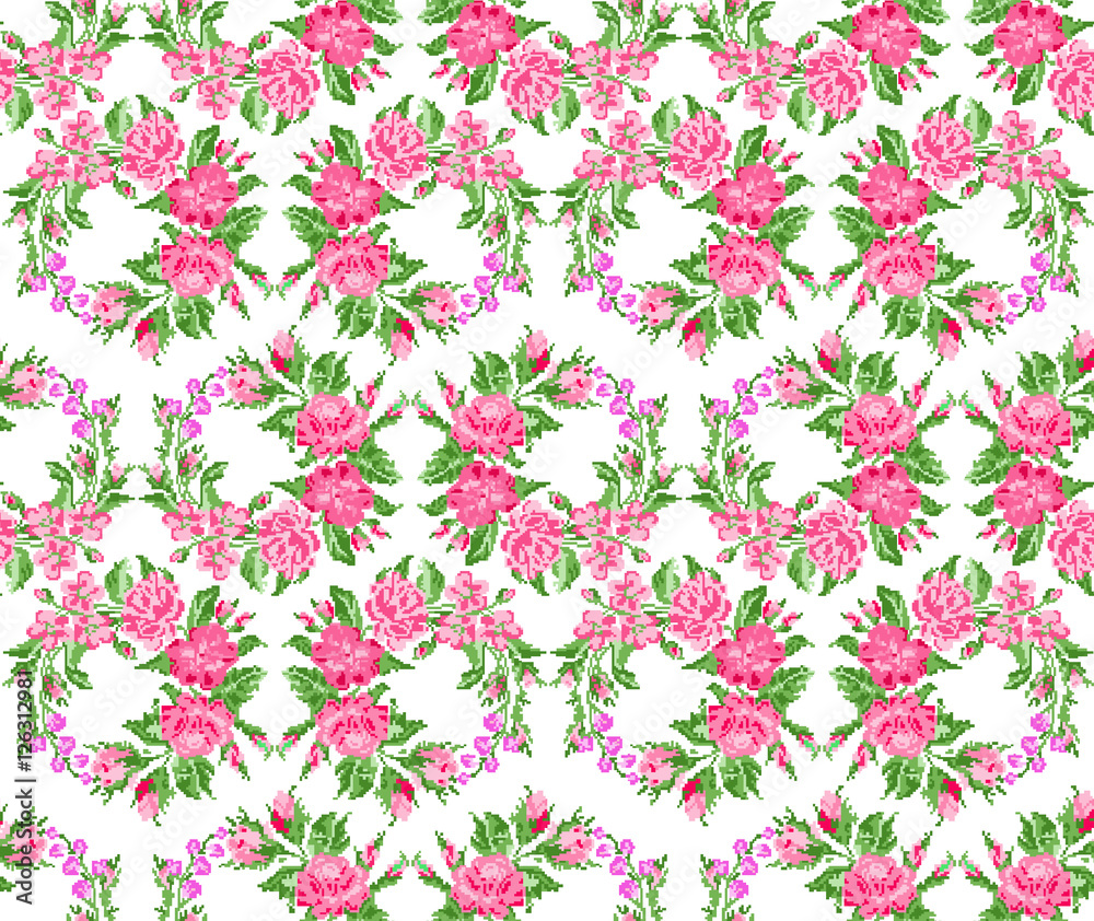 Wallpaper Or Textile. Color Circle Bouquet Of Flowers (roses, Chamomile And Cornflowers) Using Ukrainian Embroidery Elements. Green And Pink Tones. Seamless. Pattern. Can Be Used As Pixel Art. Stock Vector