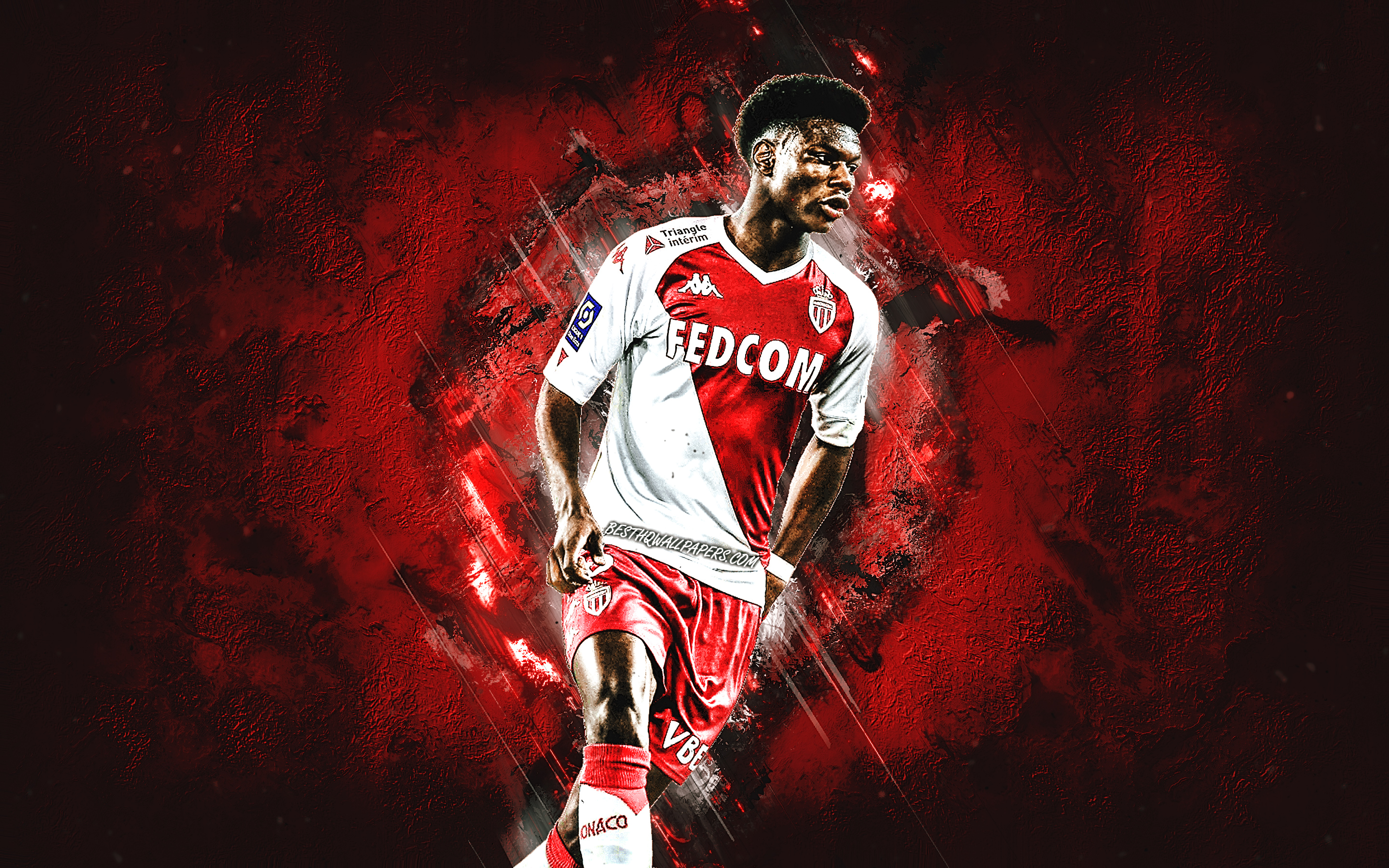 Download wallpaper Aurelien Tchouameni, AS Monaco FC, French footballer, midfielder, Monaco, red stone background, Ligue 1, soccer for desktop with resolution 2880x1800. High Quality HD picture wallpaper