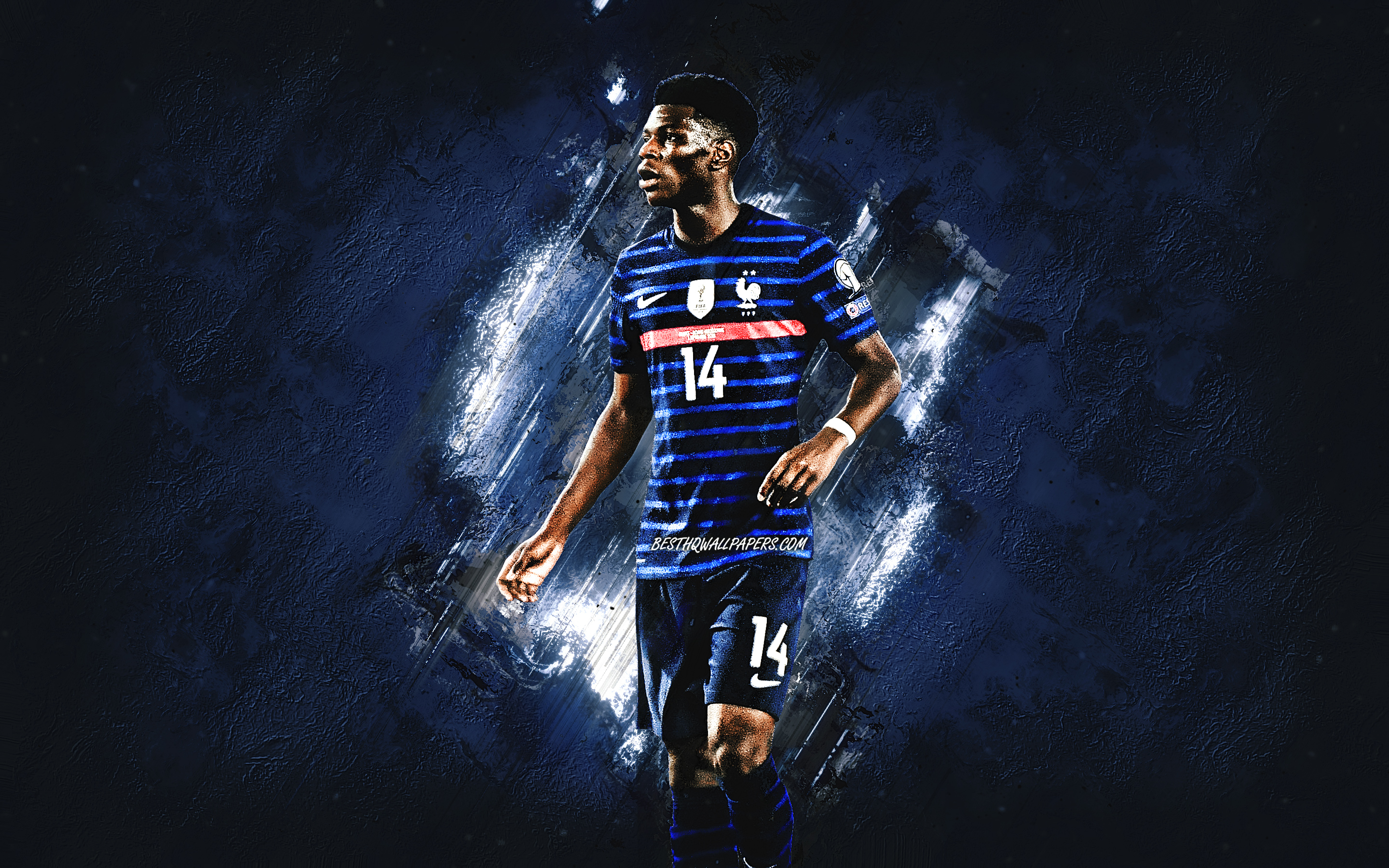 Download wallpaper Aurelien Tchouameni, France National Football Team, French Footballer, Midfielder, Portrait, Blue Stone Background, France, Football for desktop with resolution 2880x1800. High Quality HD picture wallpaper