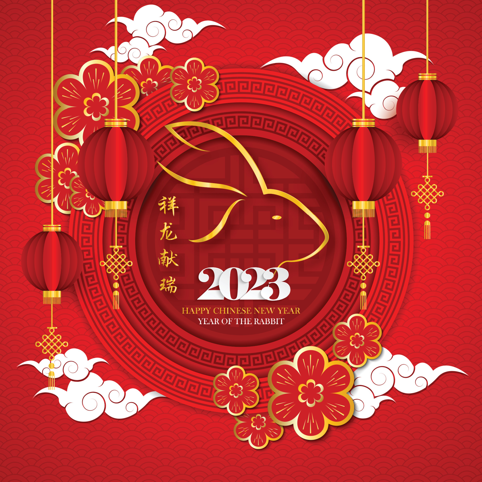Chinese new year 2023, year of the rabbit with Gold rabbit drawing for 2023 in the chinese pattern circle frame on red background. Chinese text translation happy new year 2023, year of