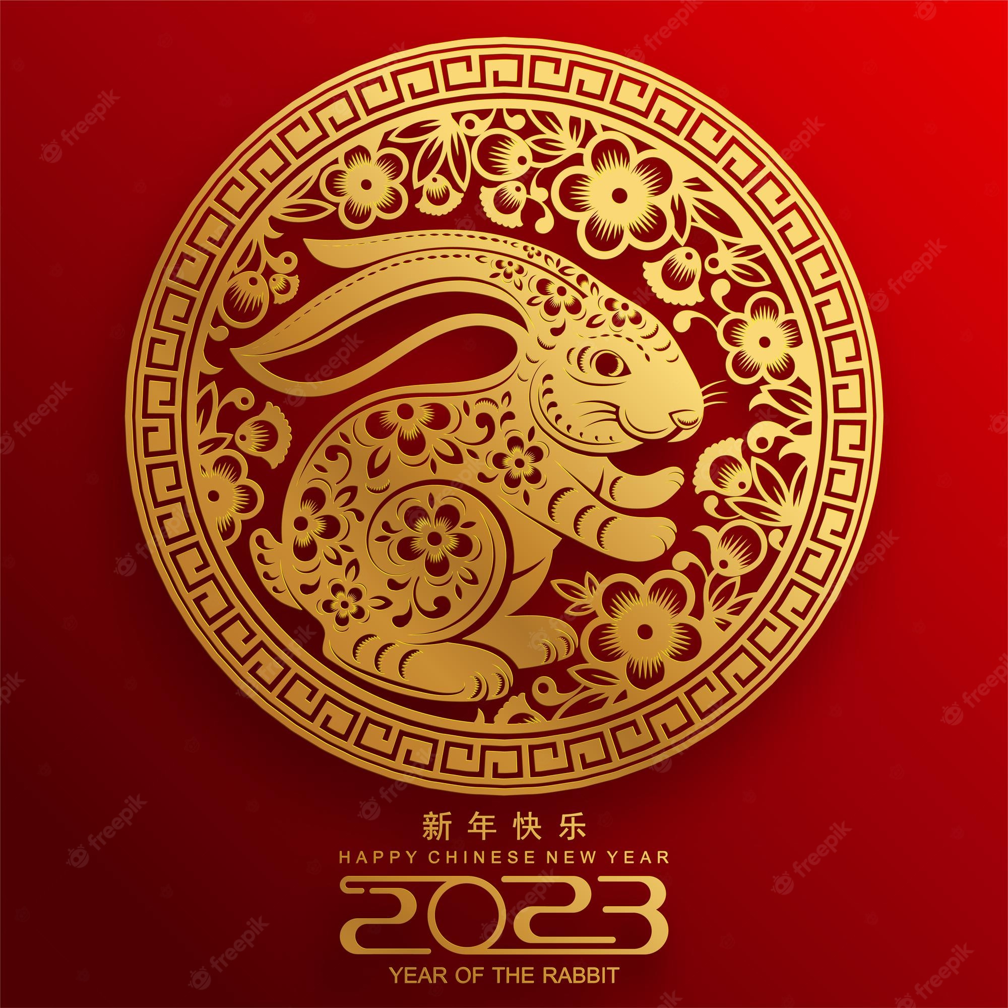 Premium Vector. Happy chinese new year 2023 year of the rabbit zodiac sign, gong xi fa cai with flower, lantern, asian elements gold paper cut style on color background. translation, happy new