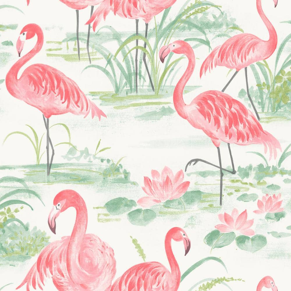 NuWallpaper Pink Flamingo Beach Peel and Stick Wallpaper Pink Vinyl Peelable Roll (Covers 30.75 sq. ft.) NUS3679