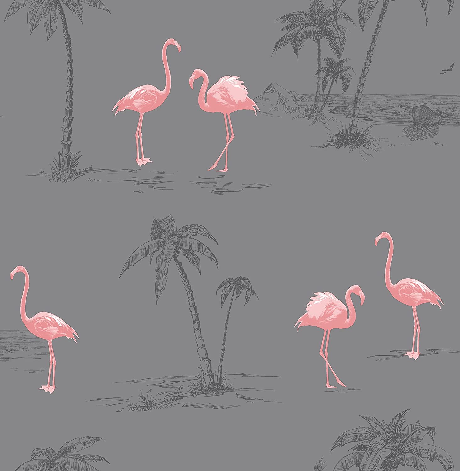 Brewster 2704 41239SW Sanibel Dark Grey Flamingo Wallpaper