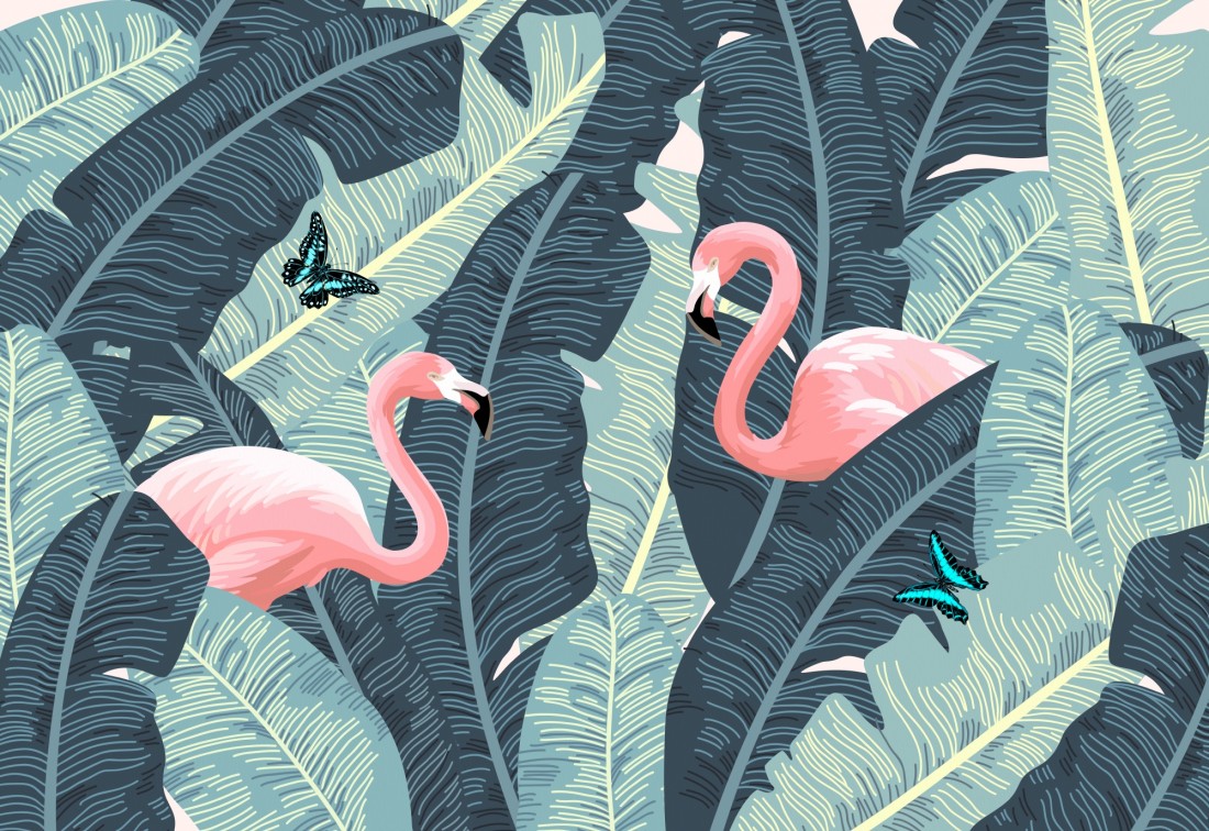 Tropical Banana Leaf with Pink Flamingo Wallpaper Mural • Wallmur®