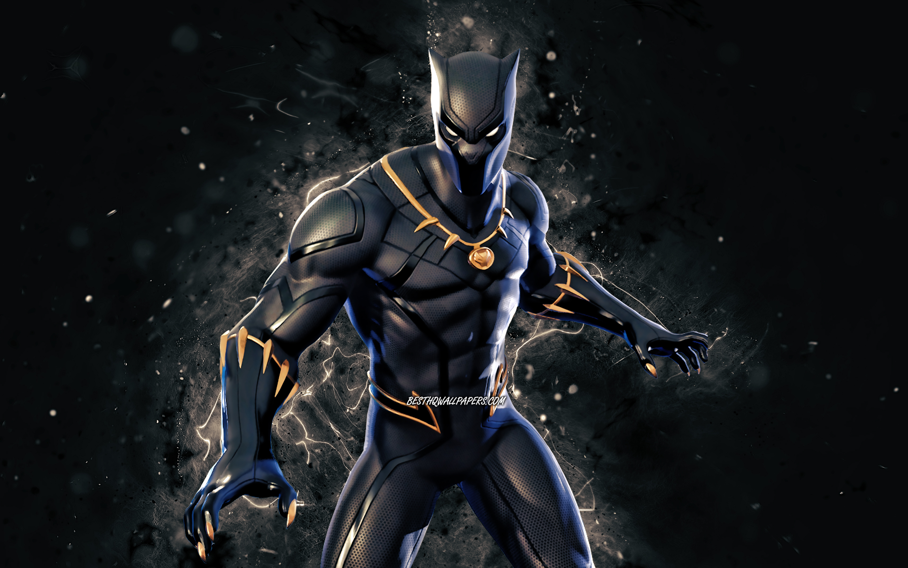 Download wallpaper Black Panther, 4k, white neon lights, Fortnite Battle Royale, Fortnite characters, Black Panther Skin, Fortnite, Black Panther Fortnite for desktop with resolution 3840x2400. High Quality HD picture wallpaper