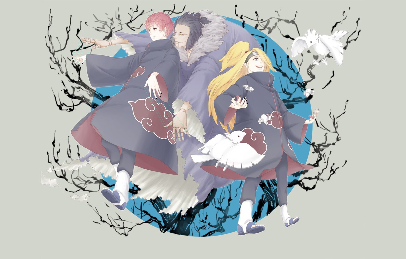 Wallpaper birds, naruto, ninja, Naruto, clay, cloaks, sasori, Deidara, puppet, Deidara, red clouds, Sasori image for desktop, section сёнэн