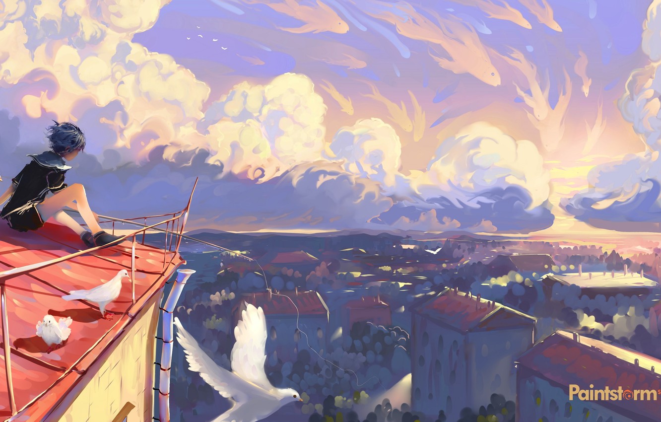 Wallpaper the sky, boy, pigeons, sitting, the view from the top, art, on the roof, sailor, the roofs of the houses, summer day, panorama of the city, dreamer, Hangmoon image for desktop