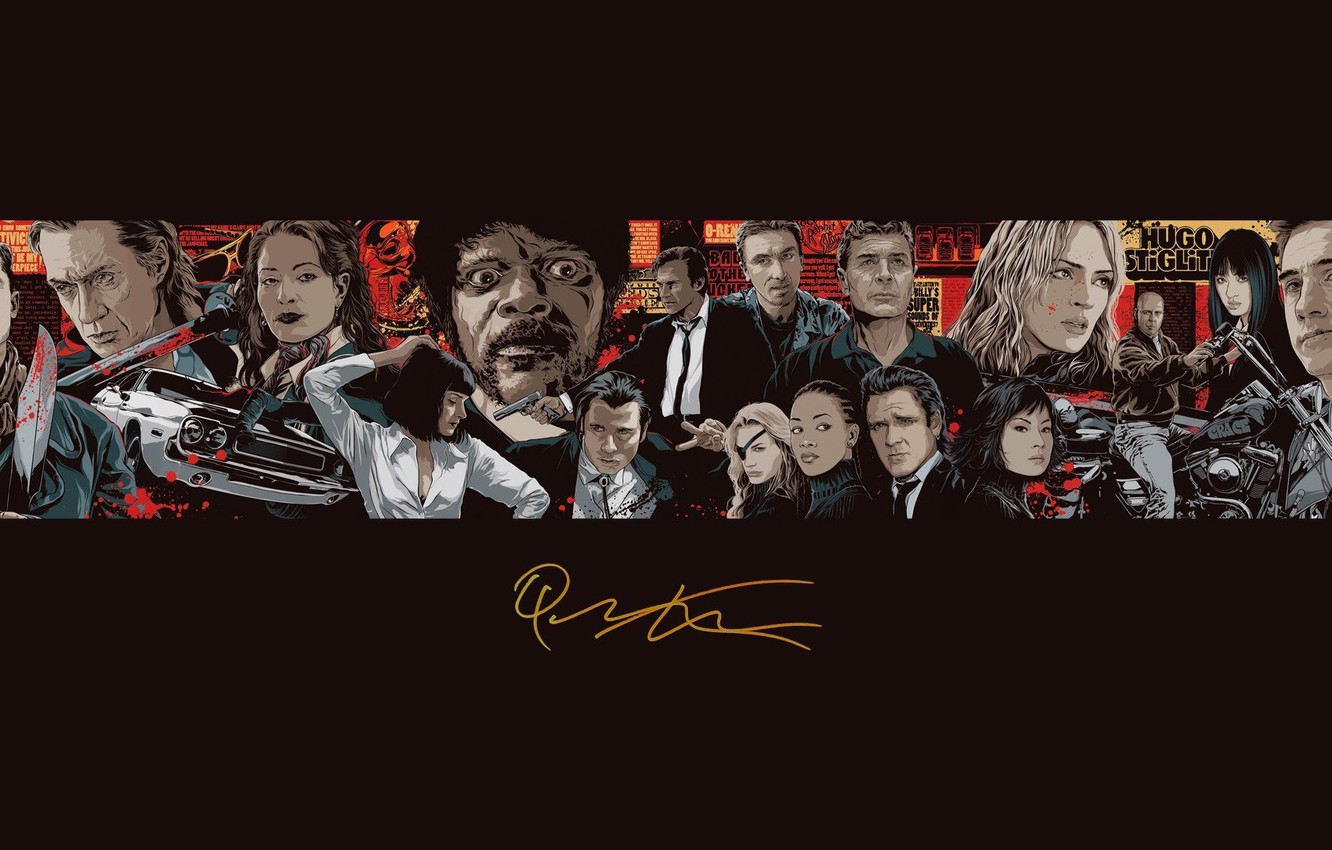 Wallpaper movies, figure, minimalism, art, actors, black background, characters, autograph, Tarantino, pulp fiction, kill bill, tarantino, reservoir dogs, inglourious basterds image for desktop, section фильмы