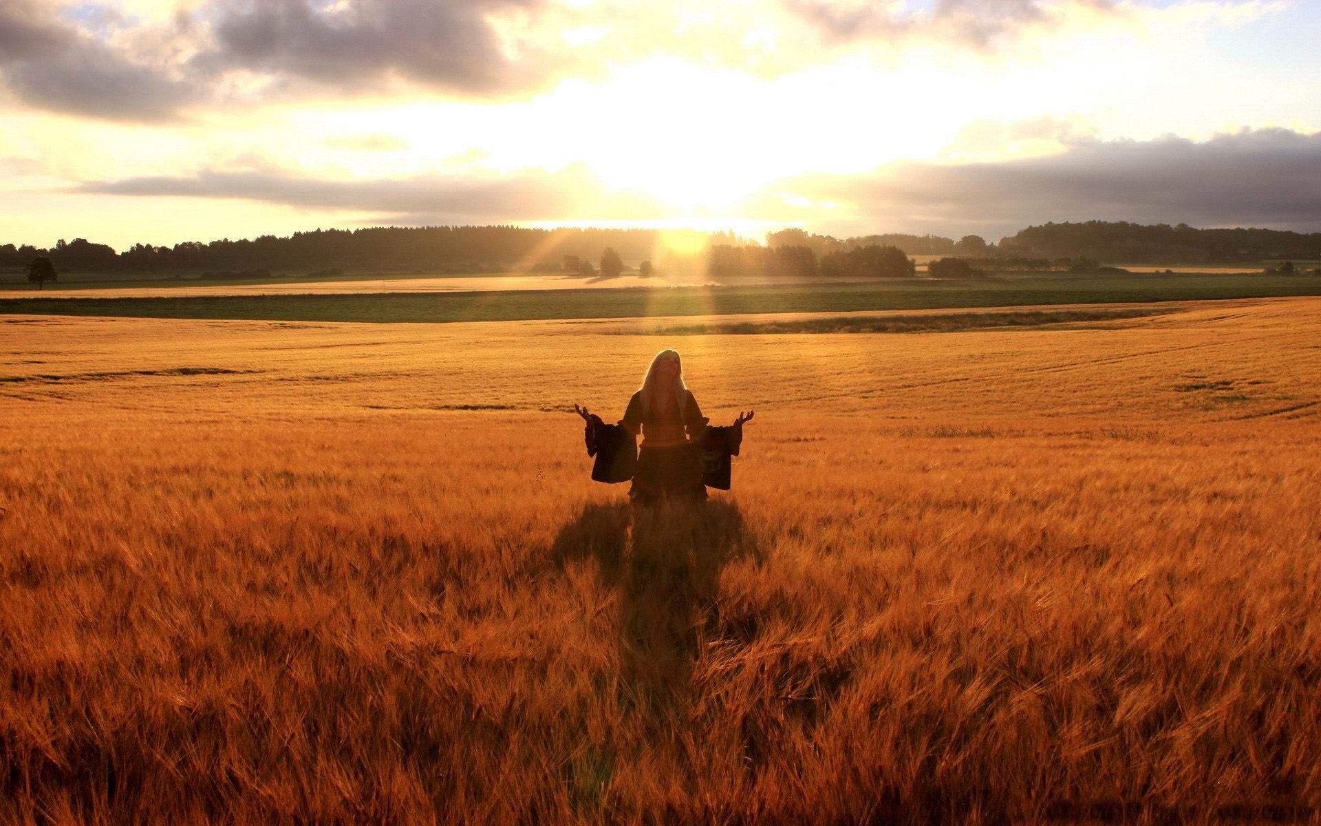 Happy Woman In Golden Wheat Field Summer Landscape Wallpaper