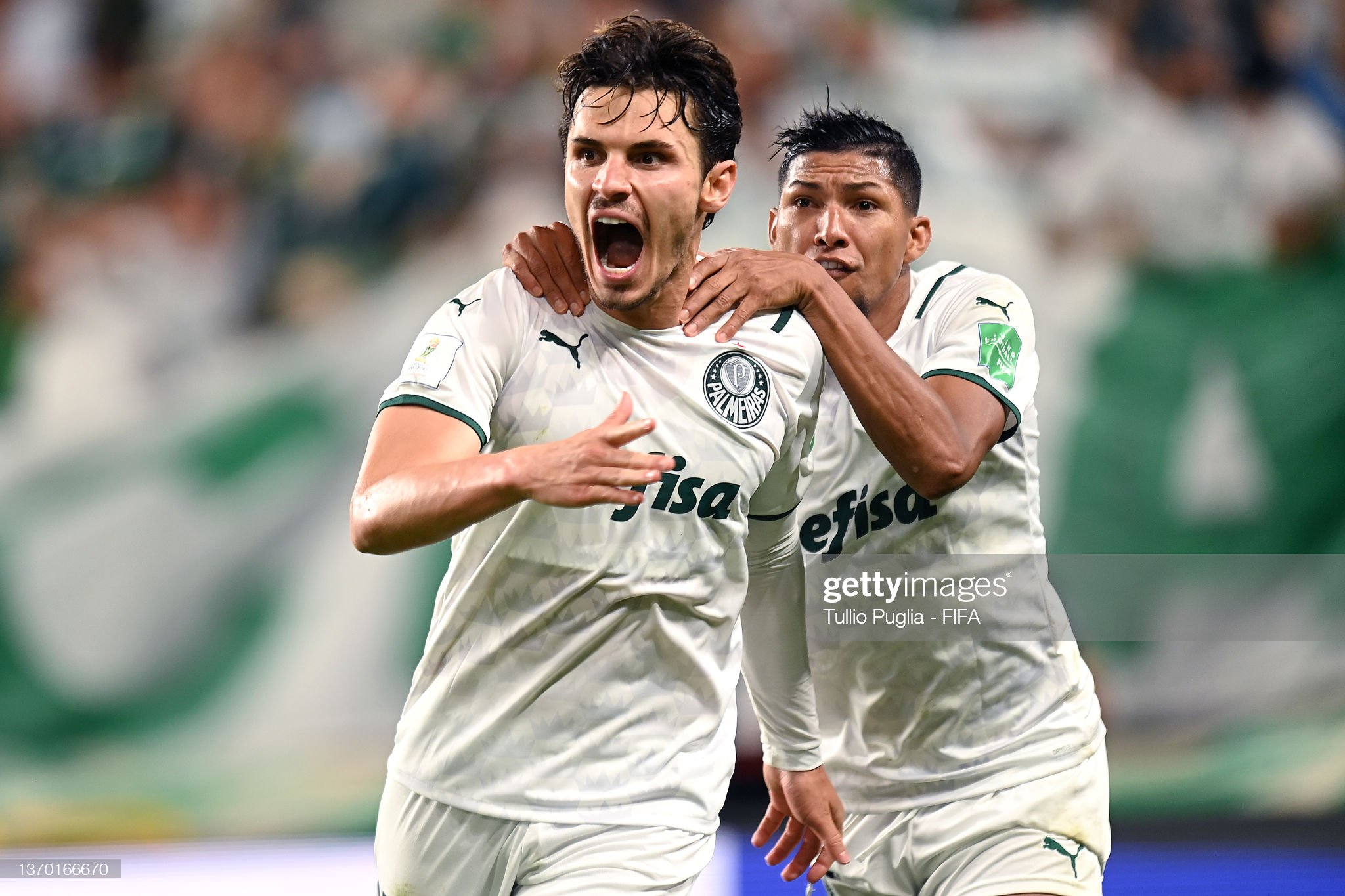 Raphael Veiga celebrates with teammate Rony of Palmeiras after. News Photo