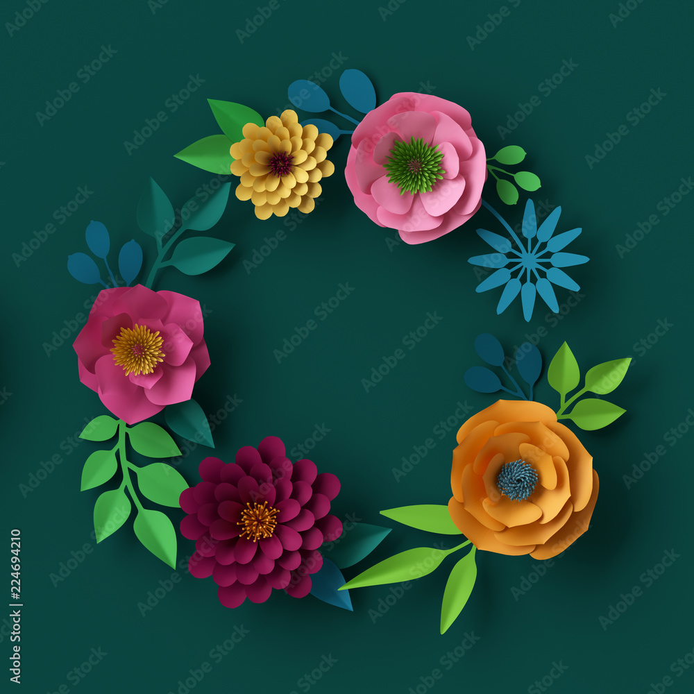 3D render, digital illustration, colorful paper flowers wallpaper, summer background, round wreath, spring holiday frame Stock Illustration