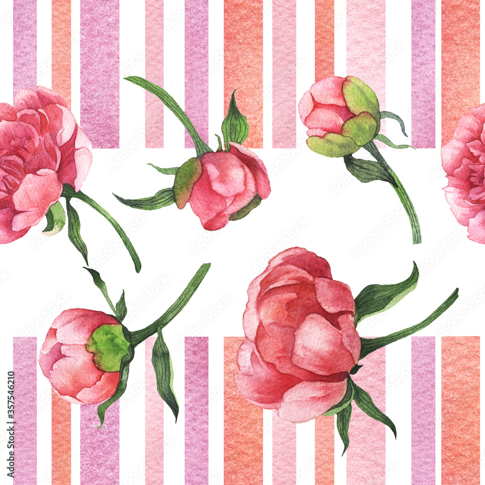 Peonies Digital Paper. Pink Flowers Seamless Pattern. Floral Scrapbook Paper. Peony Background. Watercolor Summer Flower Printable Paper Stock Illustration
