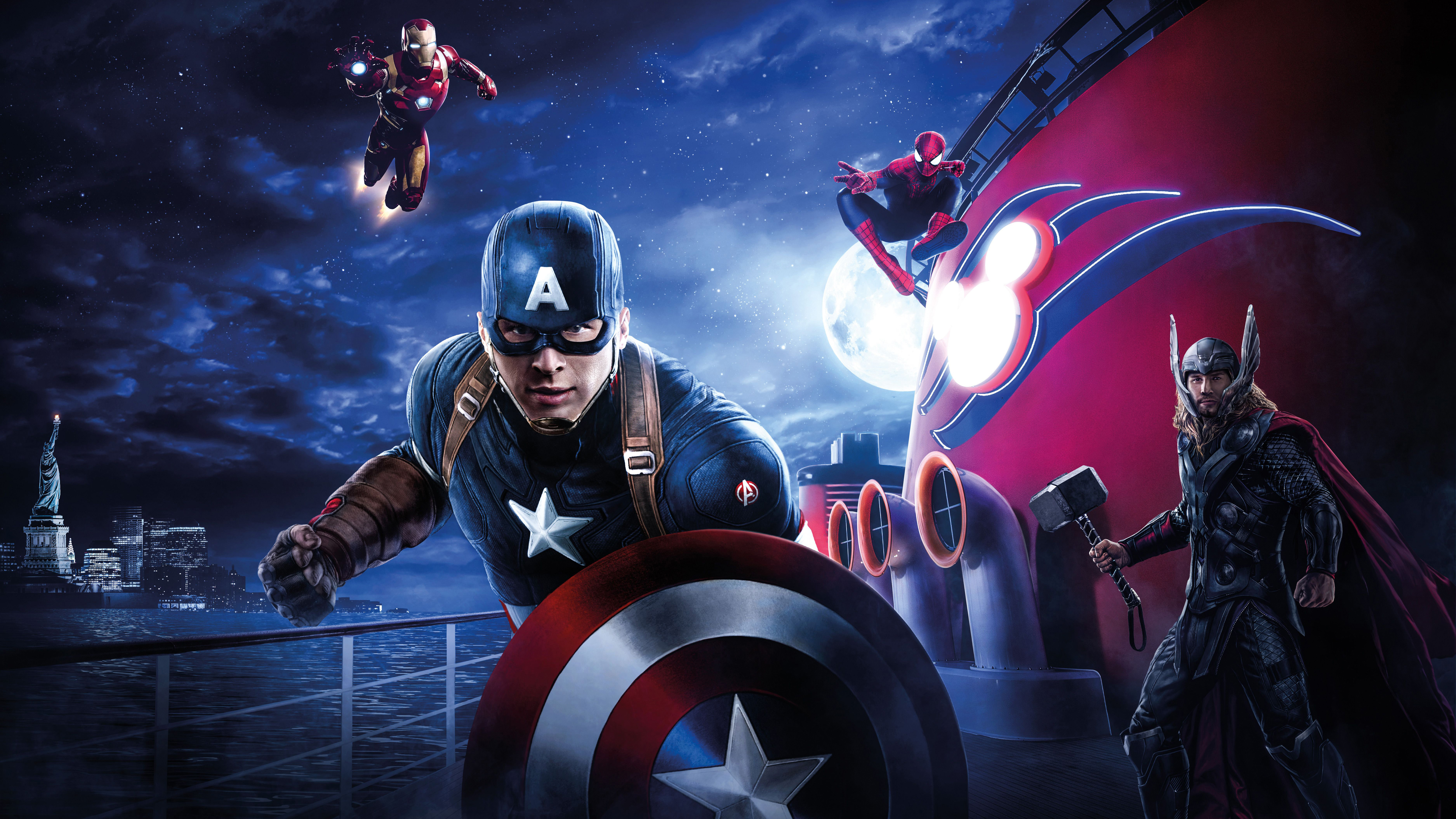 Marvel Day At Sea Iron Man Captain America Spider Man 4K 8K Wallpaper