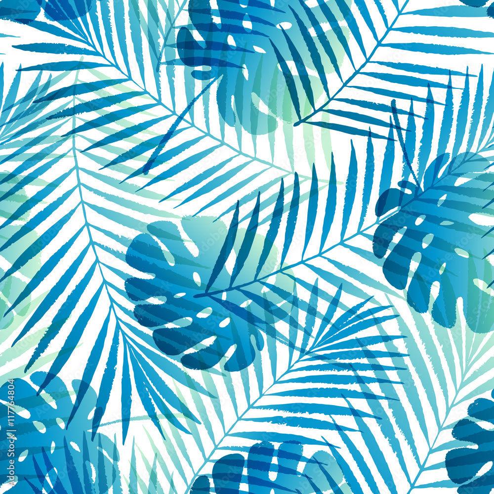 Summer gradient tropical palm tree leaves seamless pattern. Vector grunge design for cards, wallpaper, background and natural product. Stock Vector