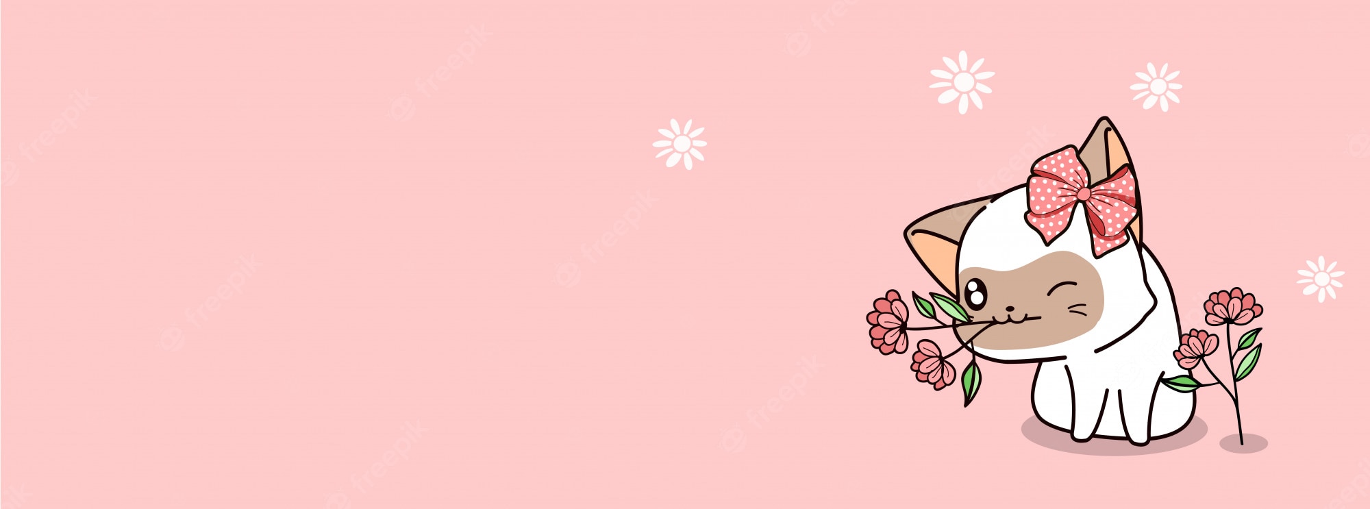 Premium Vector. Kawaii cat with flowers in happy spring day