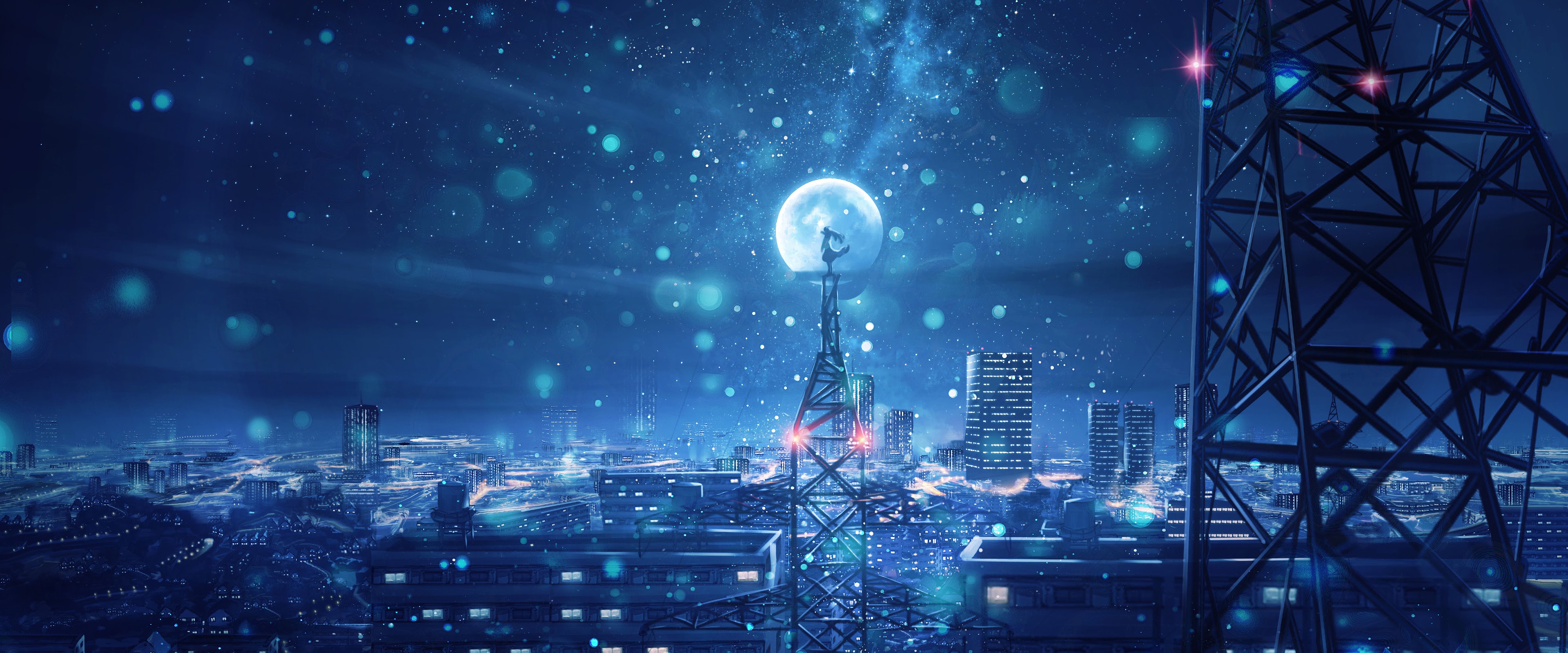 Night Sky City Stars Anime Scenery 4K Wallpaper