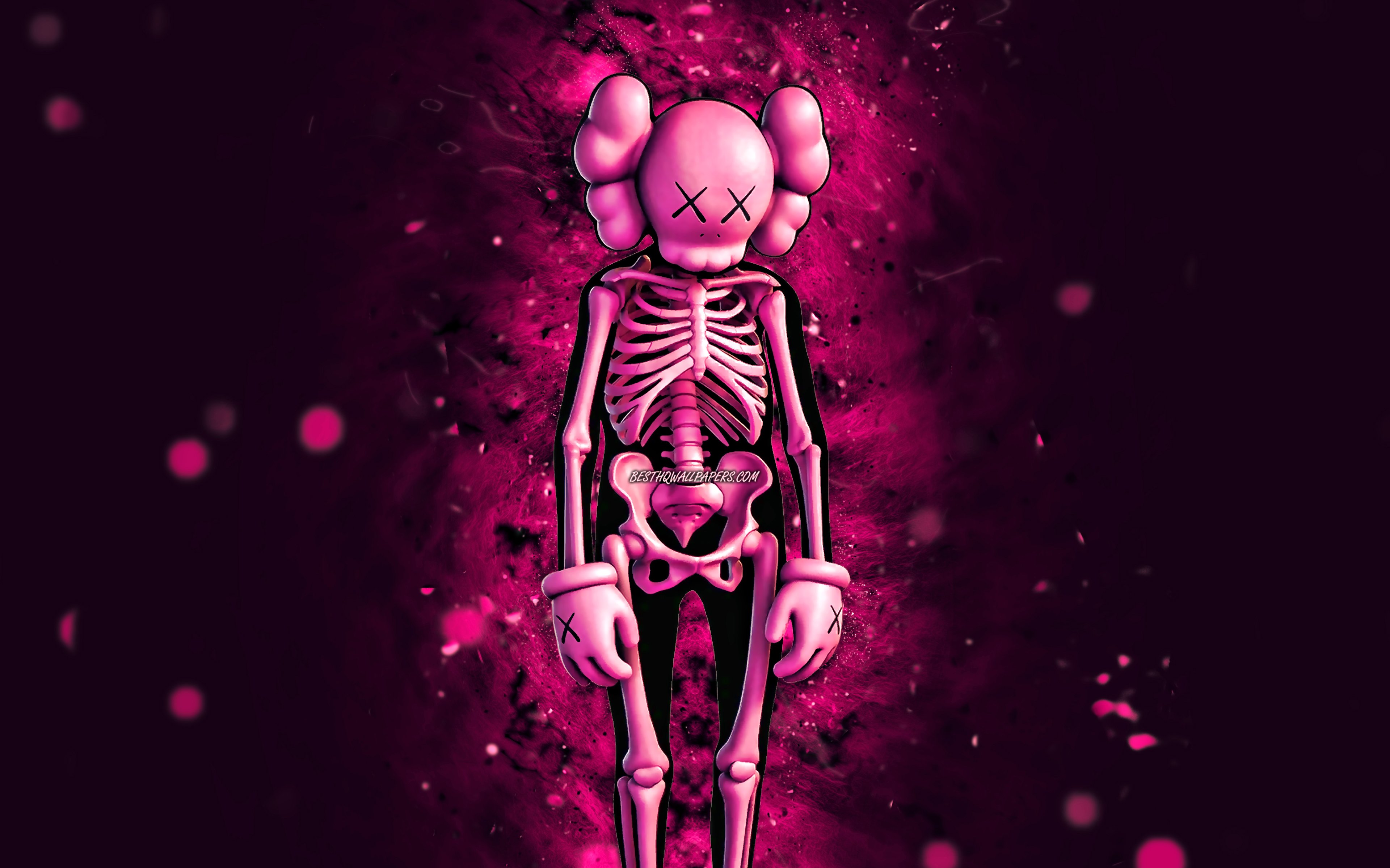 Download wallpaper Pink KAWS Skeleton, 4k, purple neon lights, Fortnite Battle Royale, Fortnite characters, Pink KAWS Skeleton Skin, Fortnite, Pink KAWS Skeleton Fortnite for desktop with resolution 3840x2400. High Quality HD picture