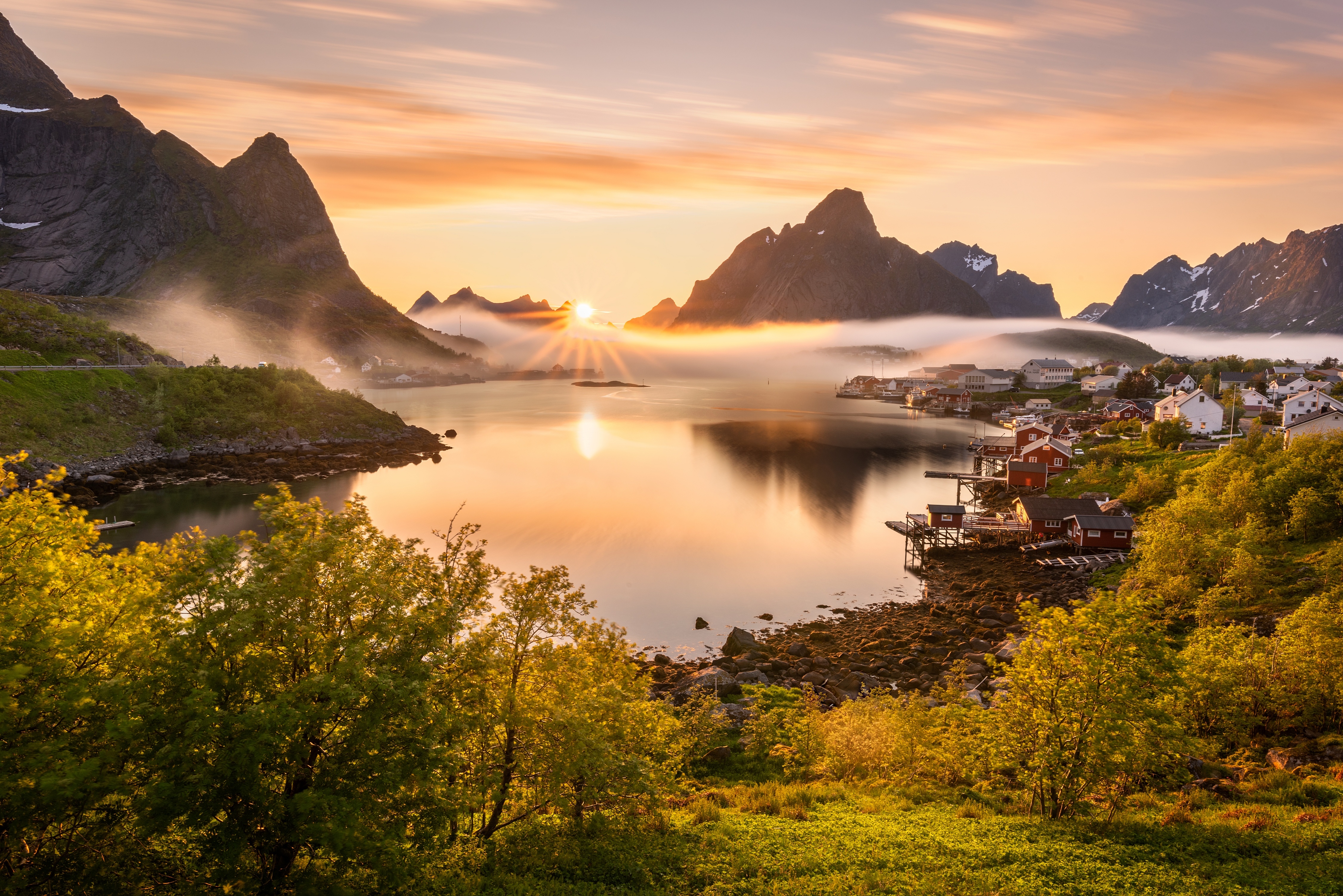 Norway Scenery Mountains Reine Fog Sun Bay 4k, HD Nature, 4k Wallpaper, Image, Background, Photo and Picture
