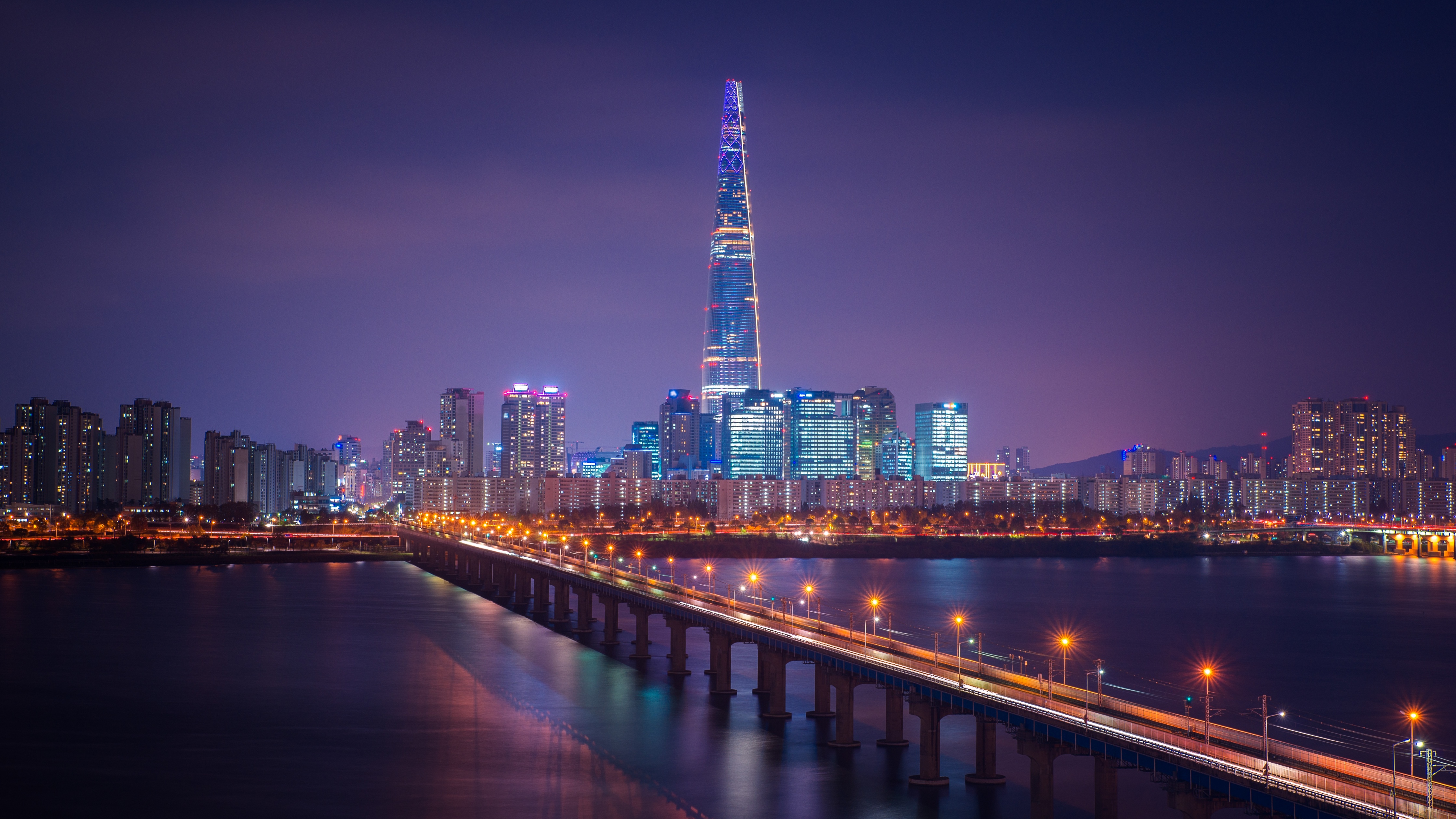 Lotte Tower Wallpaper 4K, Seoul, Cityscape, Bridge, Night, City lights, World