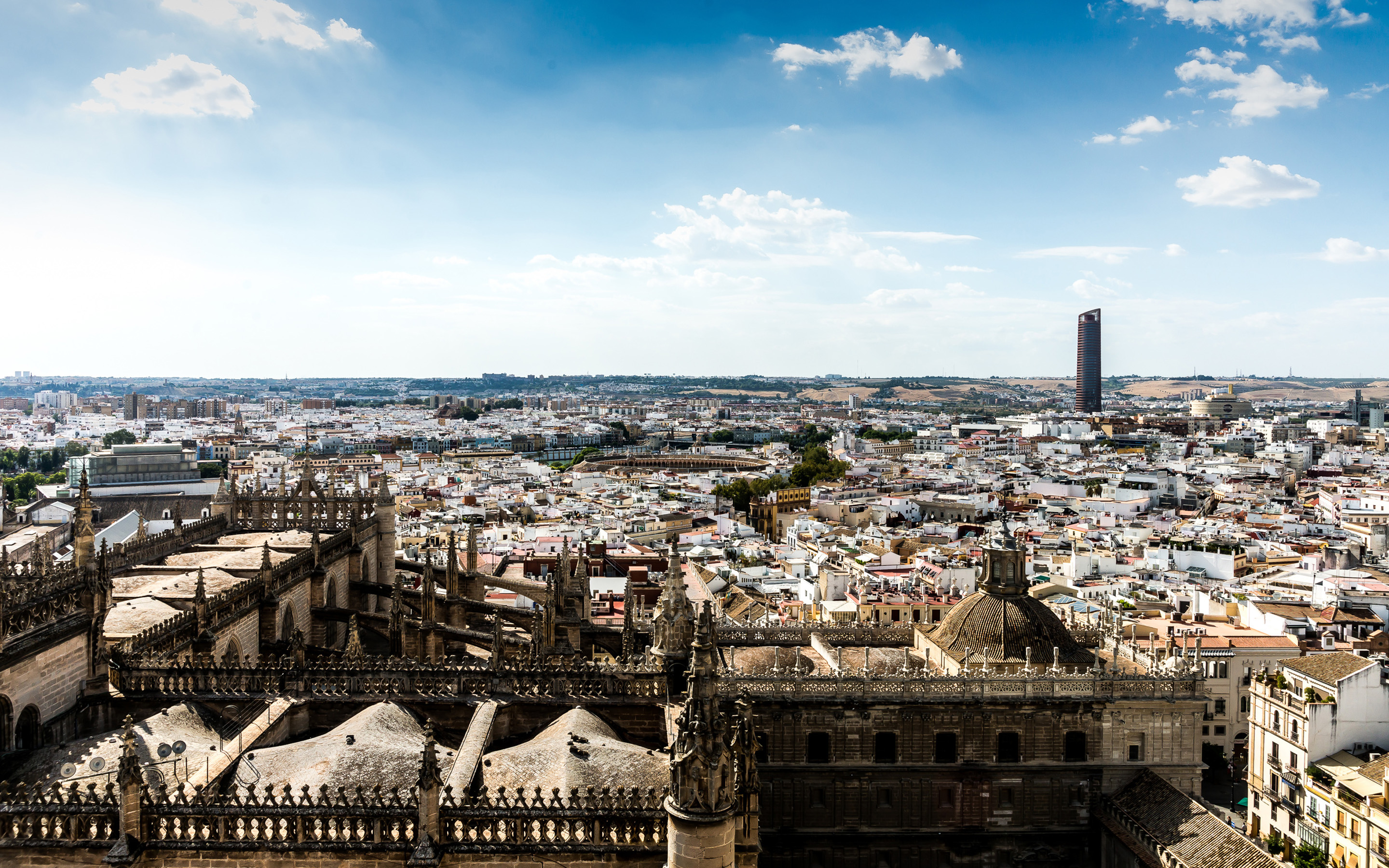 Download wallpaper Sevilla, 4k, summer, cityscapes, spanish cities, Spain, Sevilla skyline, Cities of Spain for desktop with resolution 2880x1800. High Quality HD picture wallpaper