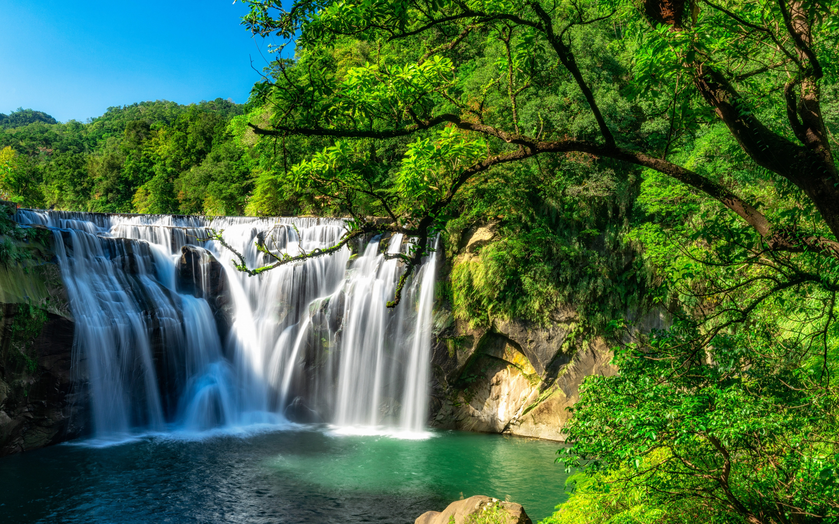 Download wallpaper waterfall, forest, summer, lake, beautiful waterfall, green trees, Taiwan for desktop with resolution 2880x1800. High Quality HD picture wallpaper