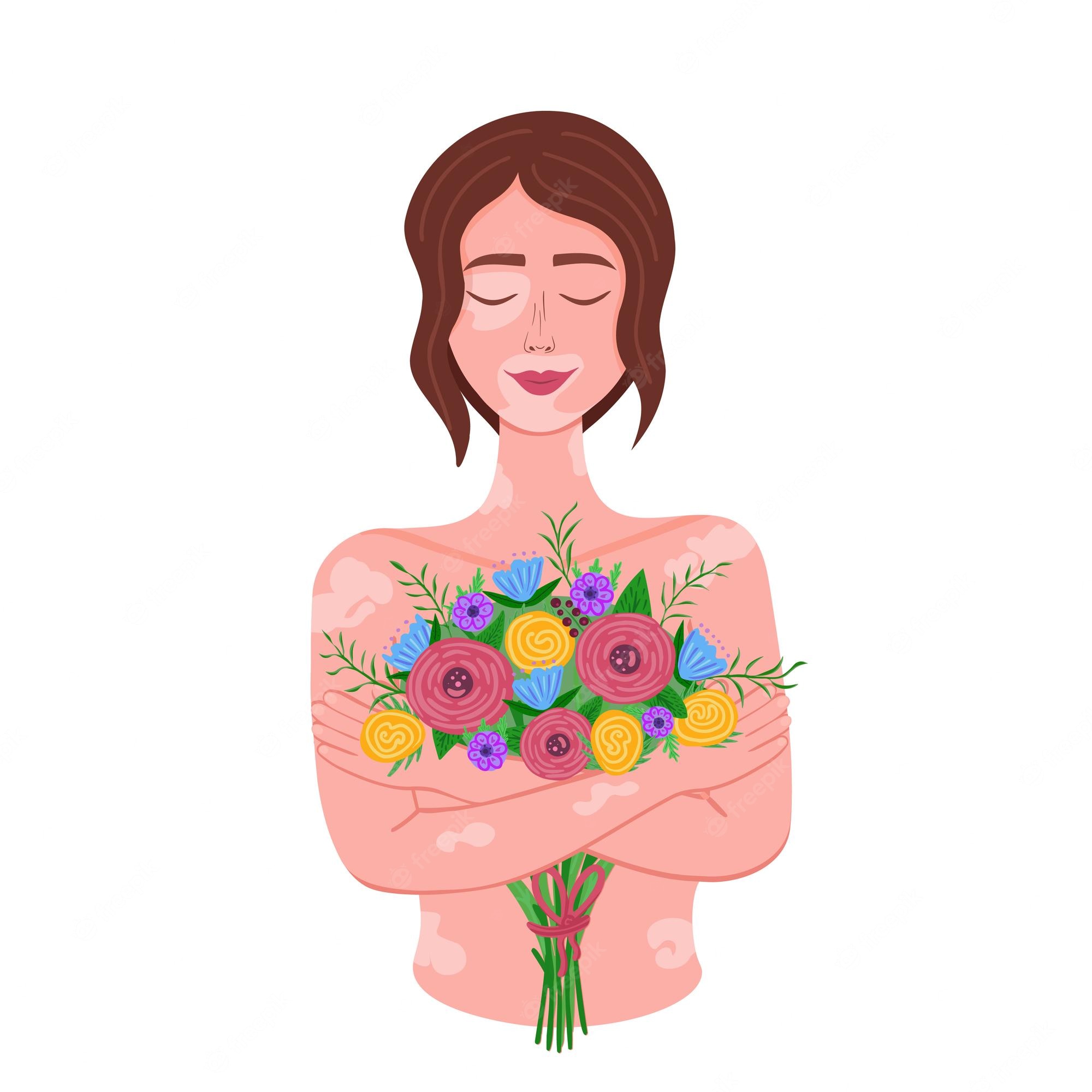 Premium Vector. Vitiligo girl with flowers world vitiligo day love yourself accept your body illustration for printing background cover packaging greeting cards posters isolated on white background
