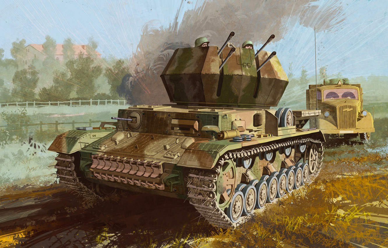 Wallpaper war, art, painting, tank, ww flak, Flakpanzer IV Ausf.G “Whirlwind” image for desktop, section оружие