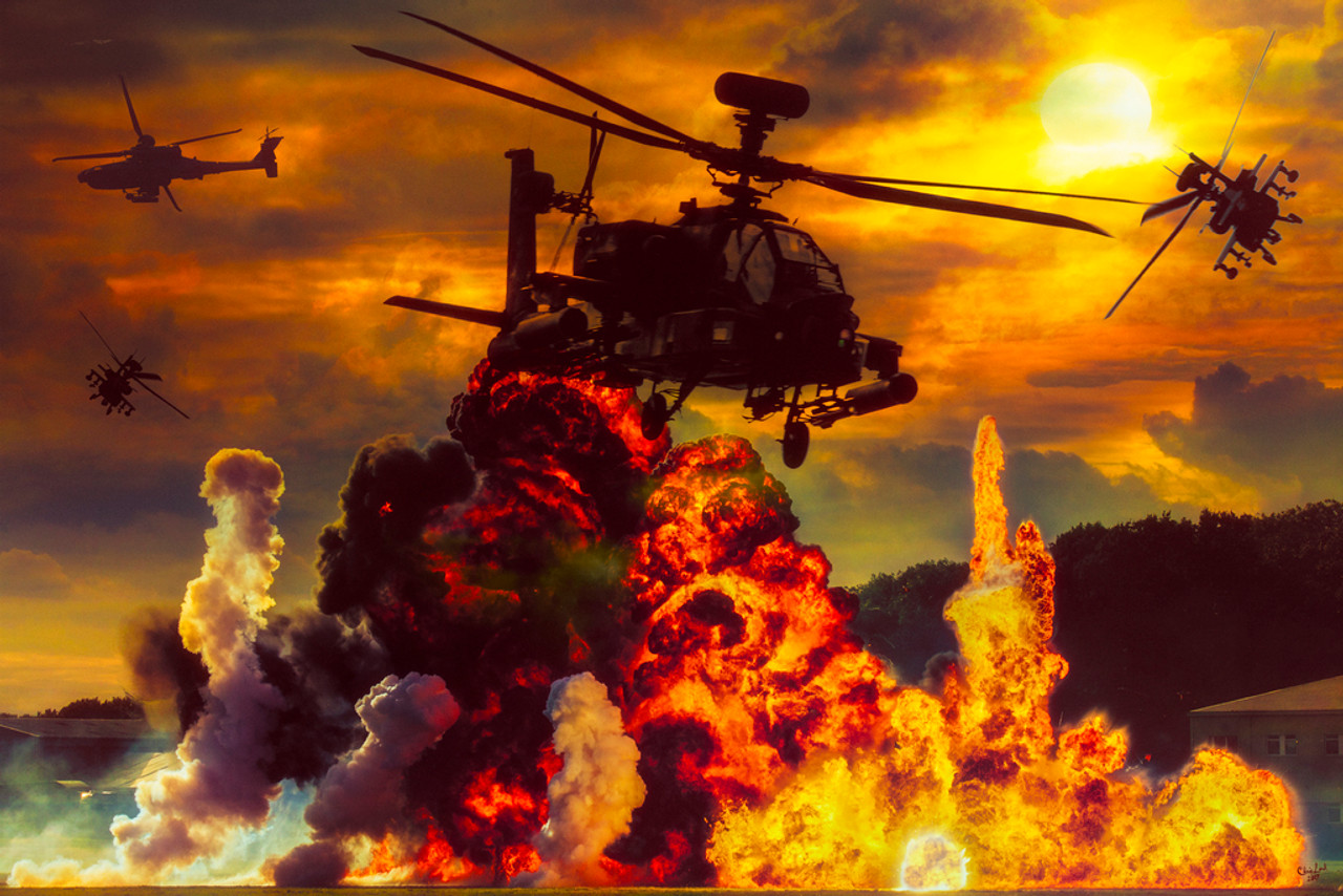Boeing AH64 attack helicopter united states army sunset flight flying hughes mcdonnell douglas attacking fire explosion invasion iraq Baghdad Photography image Cool Wall Decor Art Print Poster 12x18